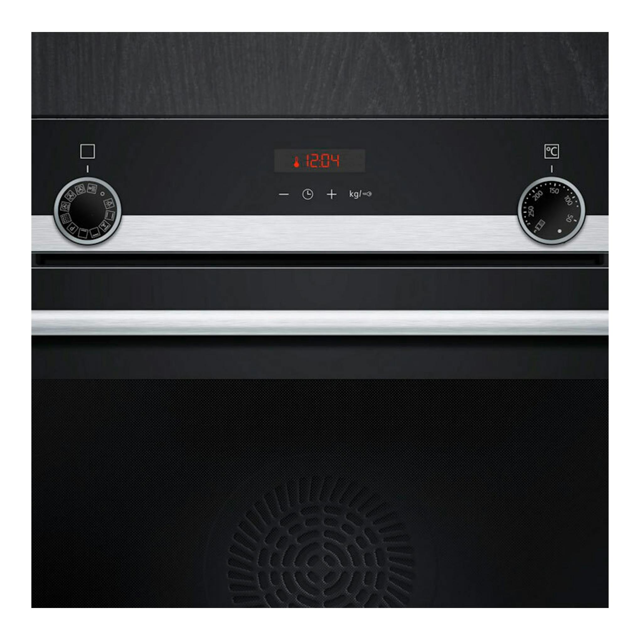 Horno Siemens HB574AER4 negro, vista frontal, con dos mandos y display digital.