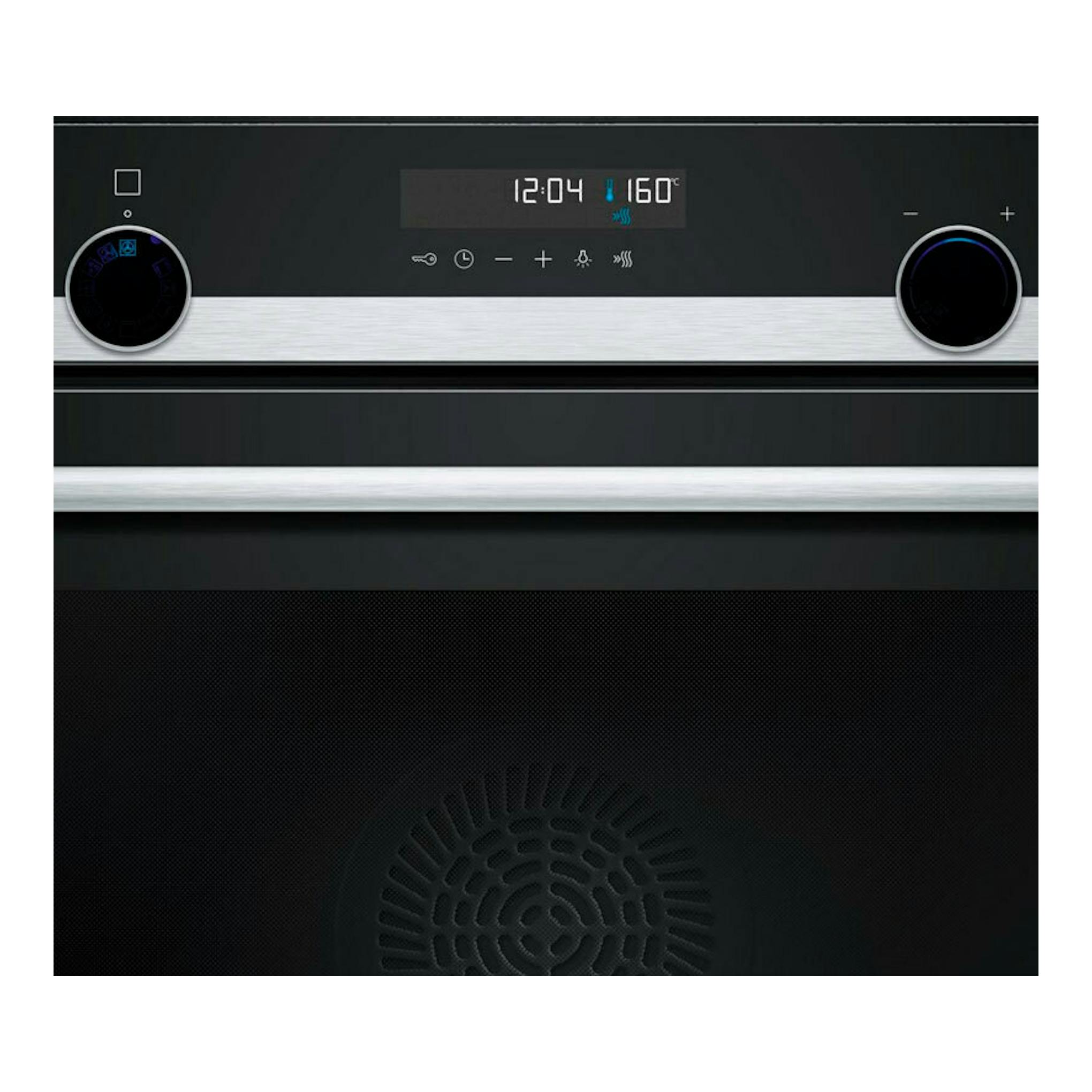 Horno Siemens HB578GES3 negro, vista frontal, con display digital y dos mandos circulares.