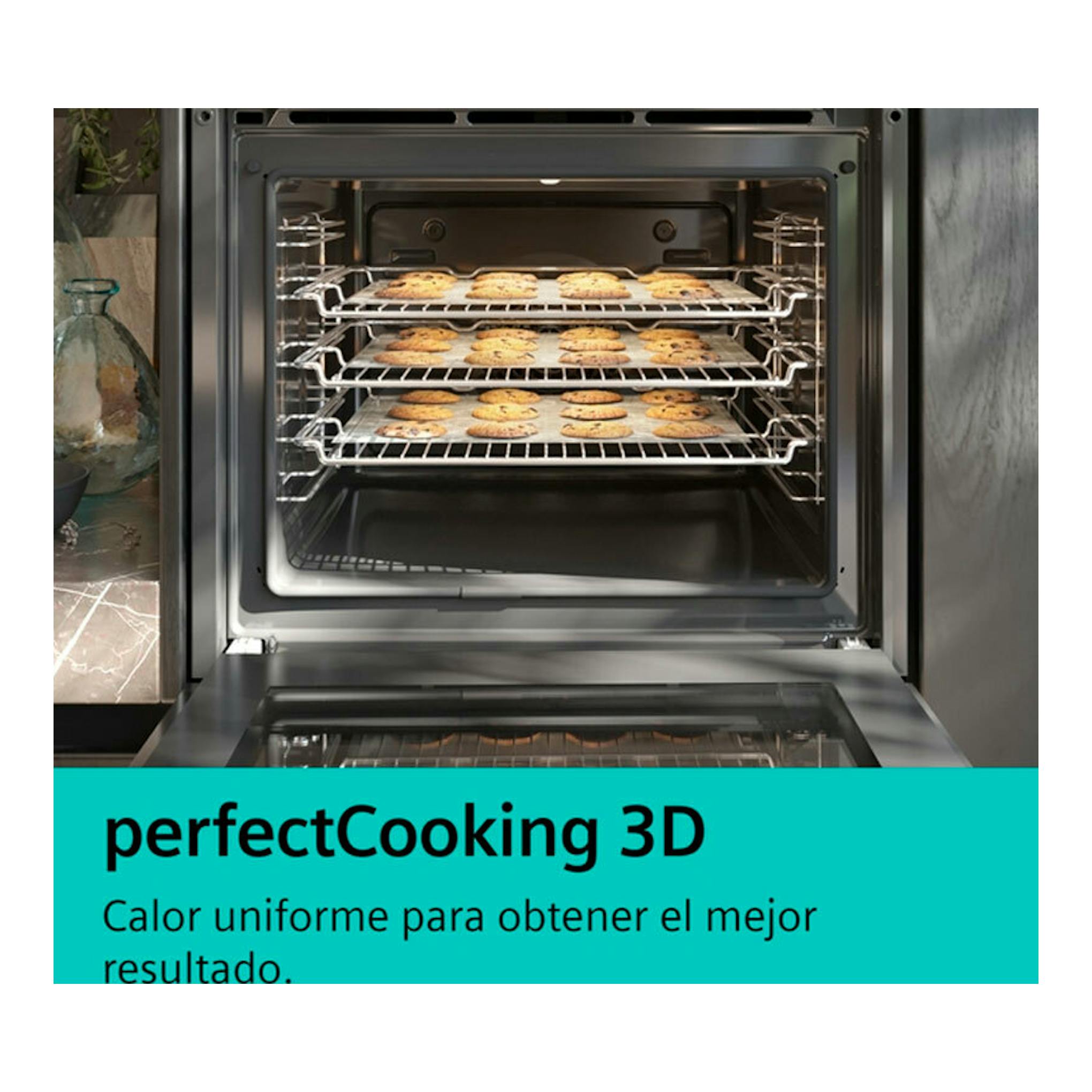 Horno Siemens HB578GES7 inox, vista frontal abierta, con tres bandejas de galletas y texto perfectCooking 3D.