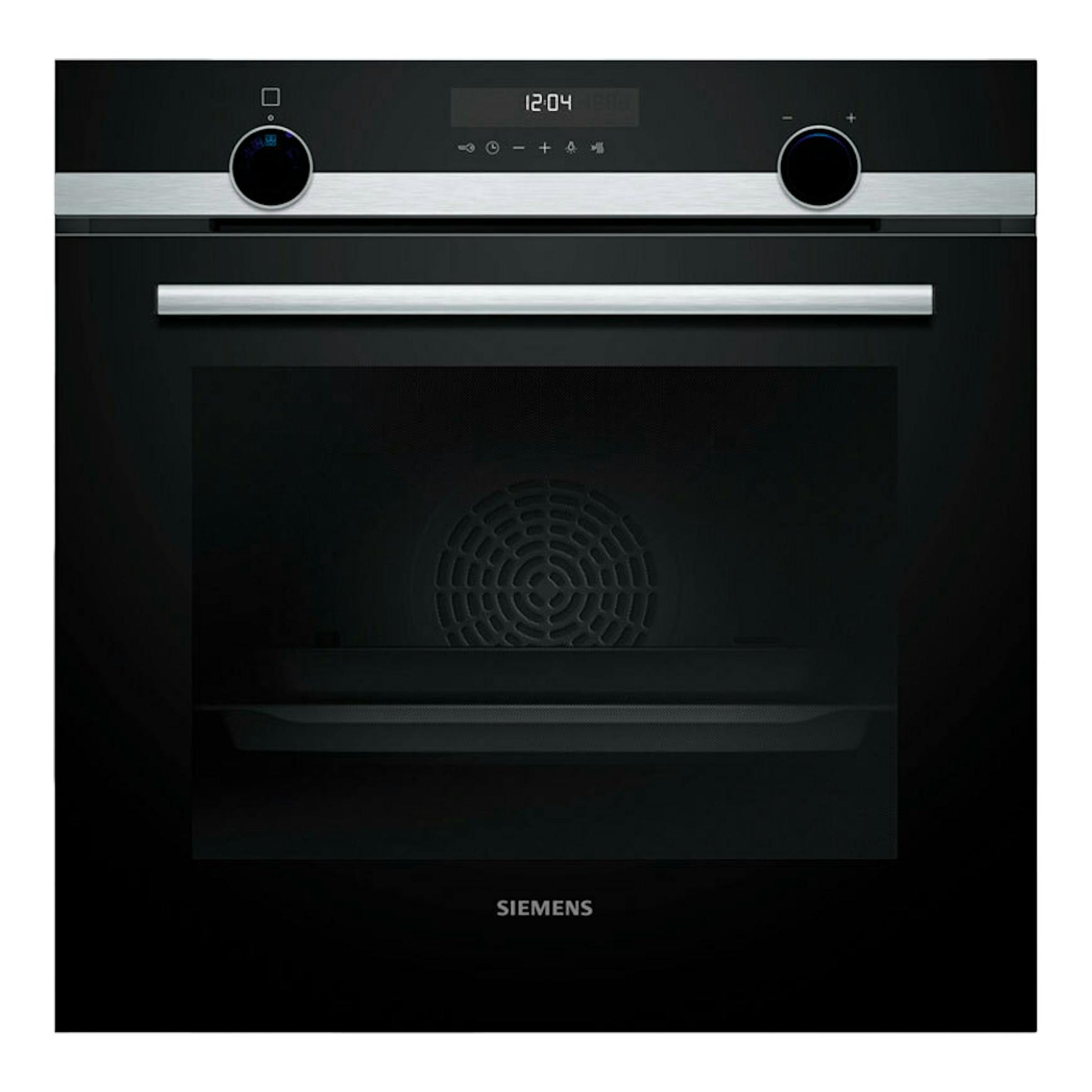 Horno Siemens HB578GFS7 negro e inox, vista frontal, con panel digital y dos mandos.