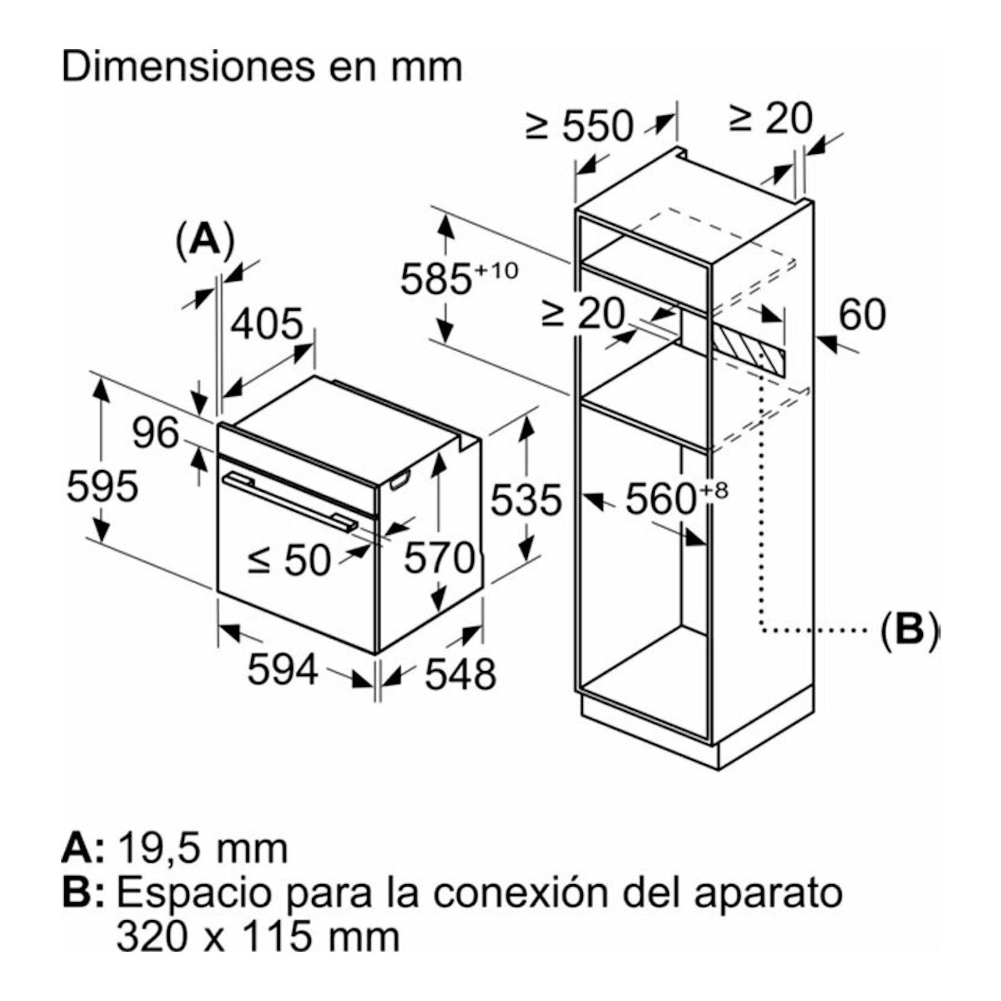 Esquema de dimensiones de horno Siemens HB578GFS7 inox, vista frontal y lateral, con medidas en mm.