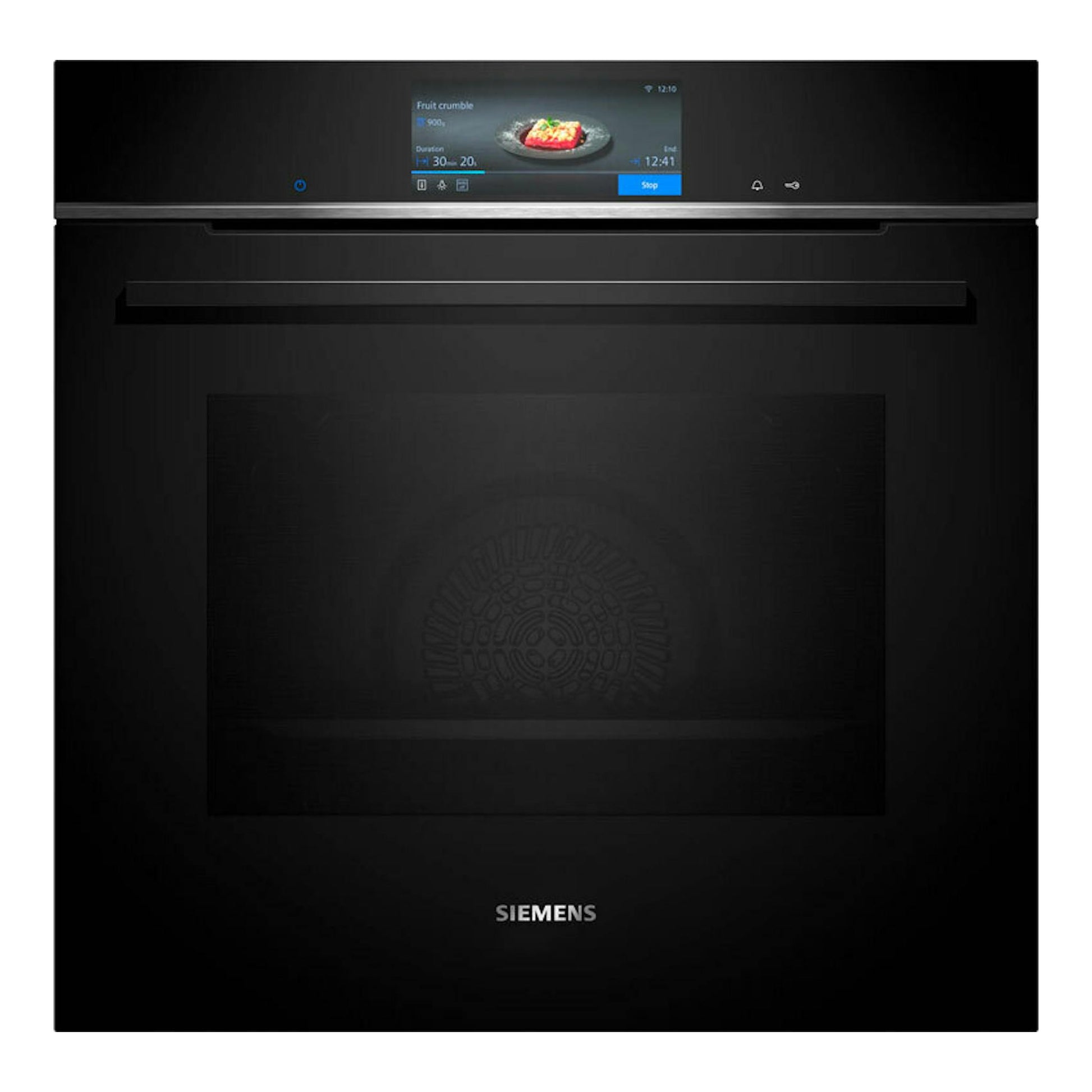 Horno Siemens HB778G3B1 negro, vista frontal, con pantalla táctil superior y puerta de cristal oscura.