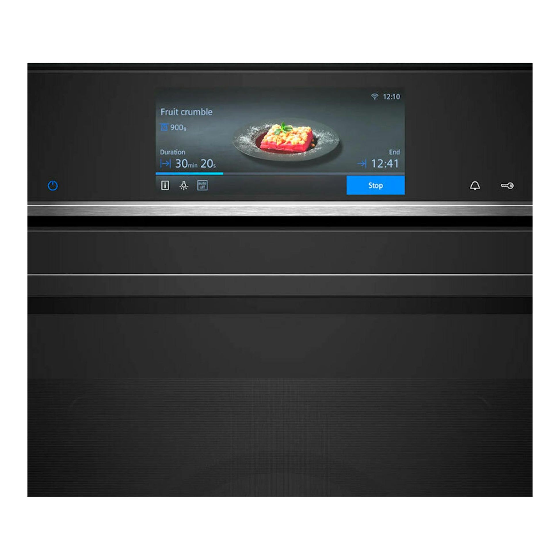 Horno empotrable Siemens HB778G3B1 negro, vista frontal, con pantalla táctil y display central.