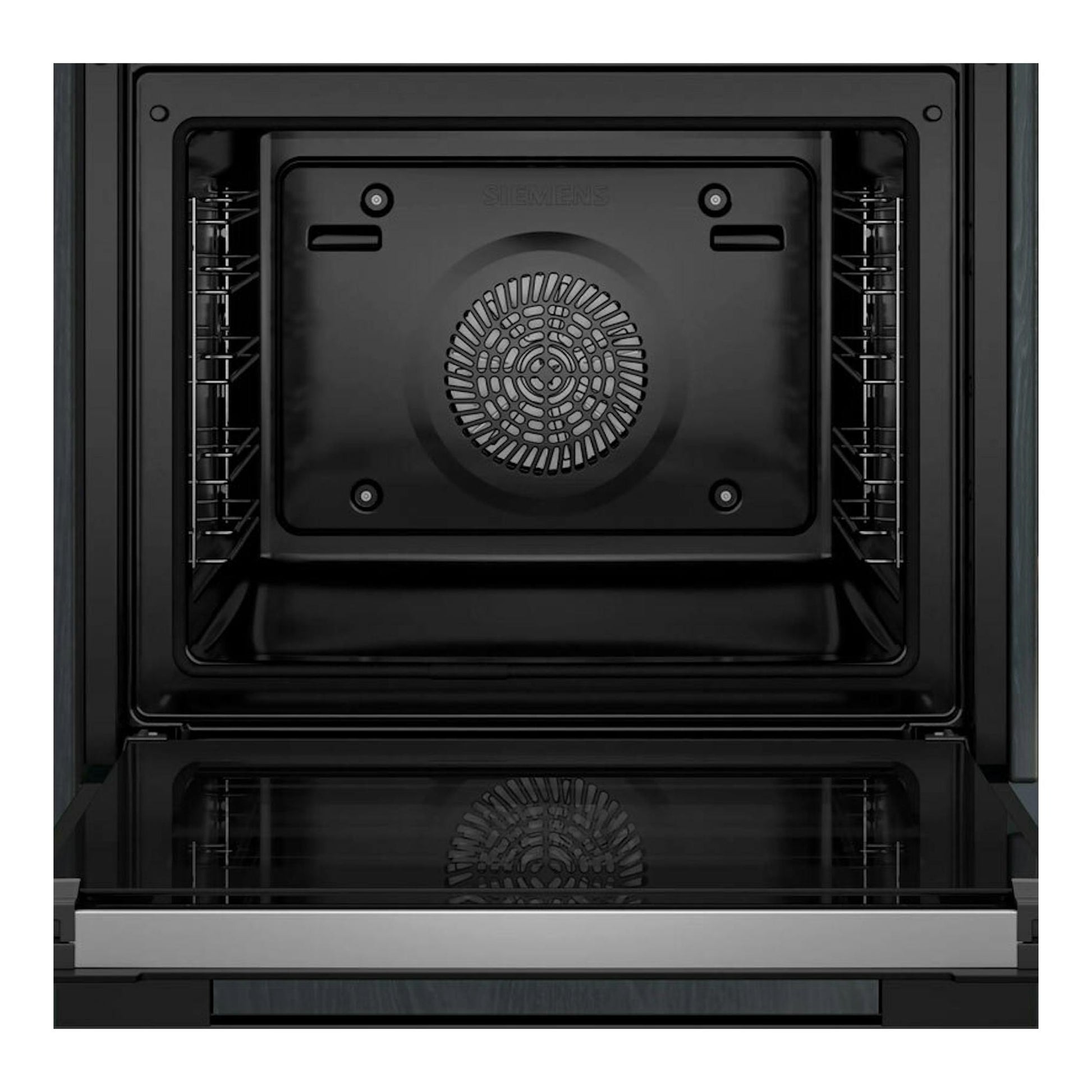 Horno Siemens HB778G3B1 negro, vista frontal del interior con ventilador circular y raíles laterales.