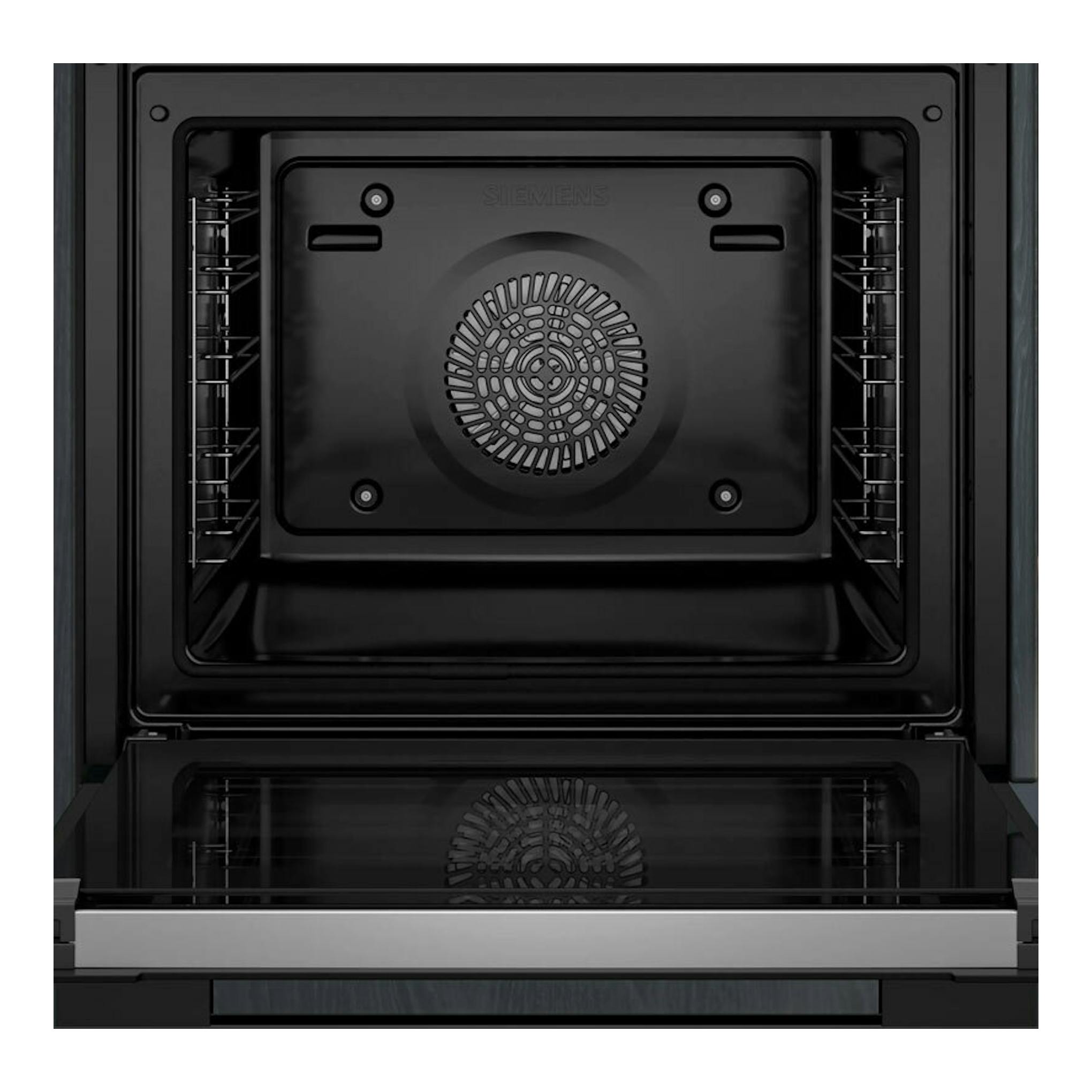Horno Siemens HB778G3B1 negro, vista frontal del interior con ventilador circular y raíles laterales.
