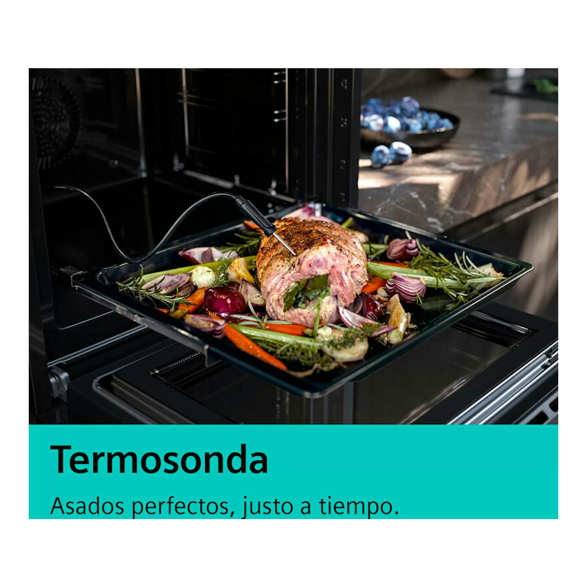 Horno Siemens HB778G3B1 negro con termosonda, bandeja con asado y verduras en vista frontal abierta.