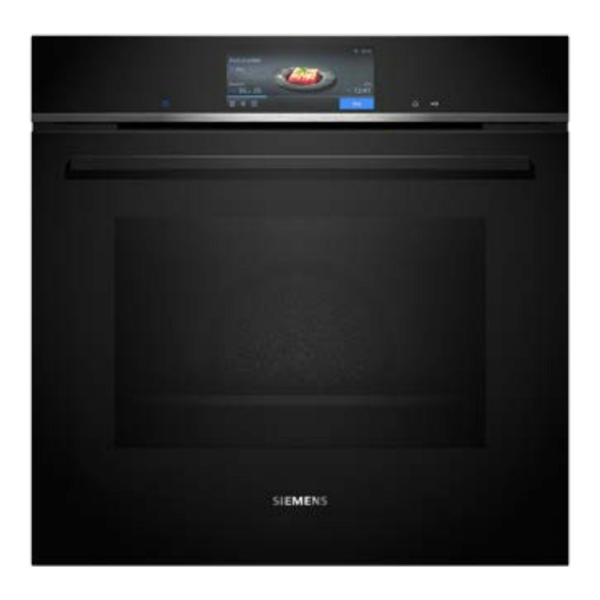 Horno empotrable Siemens HB778G9B1 negro, vista frontal, con pantalla táctil superior.
