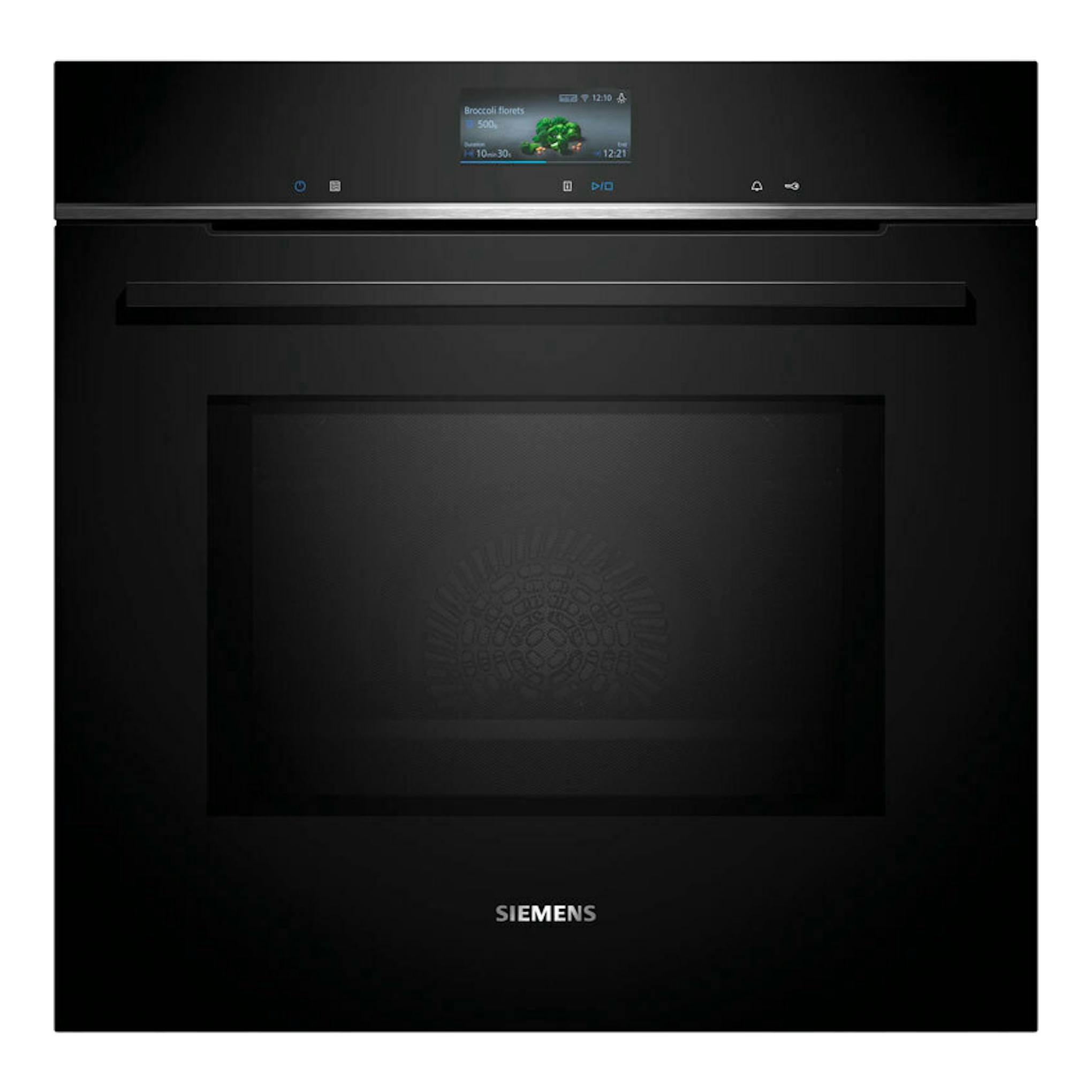 Horno Siemens HM736GAB1 negro, vista frontal, con panel táctil y pantalla superior.