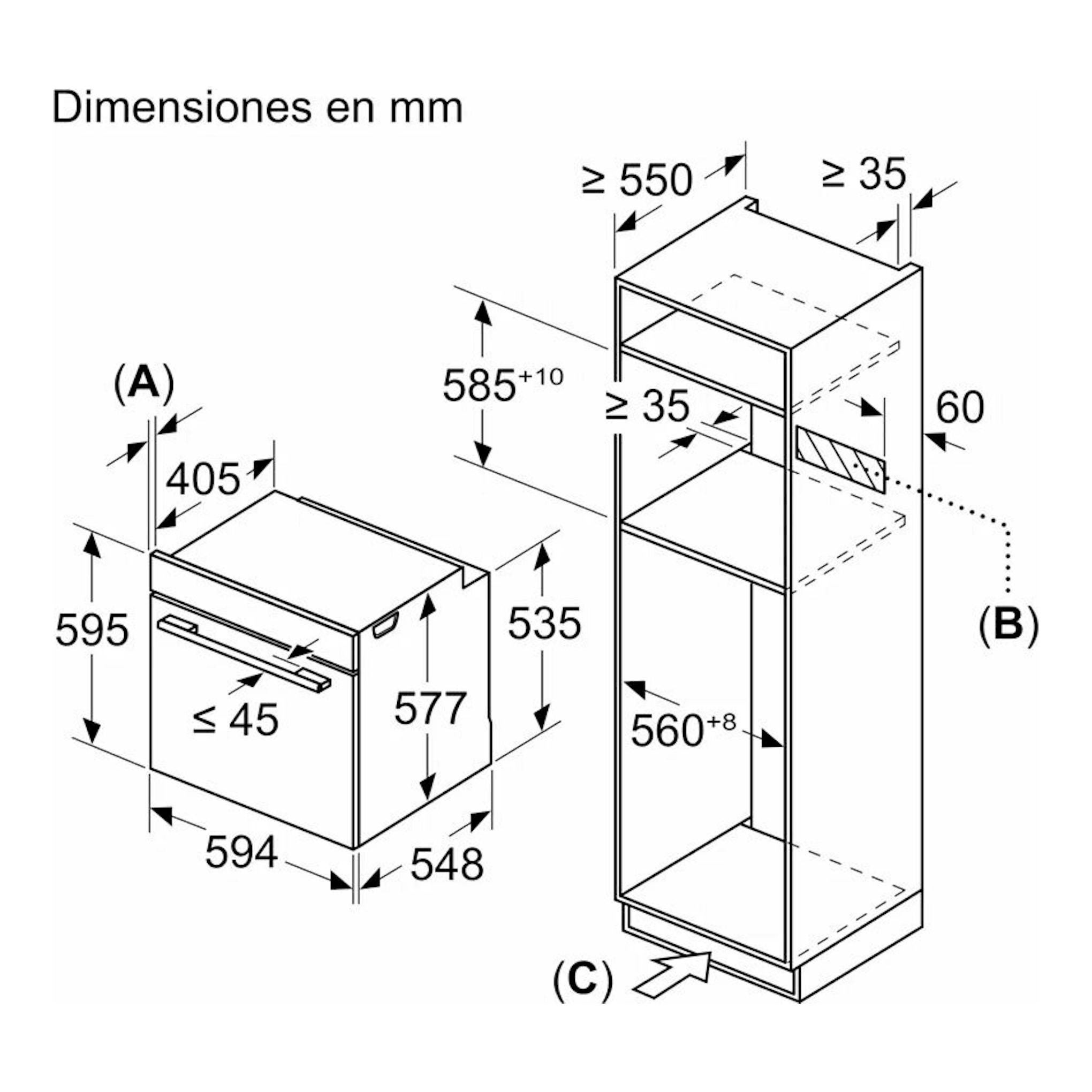 Diagrama de dimensiones de horno Siemens HM736GAB1 negro, vista frontal y lateral con medidas en mm.