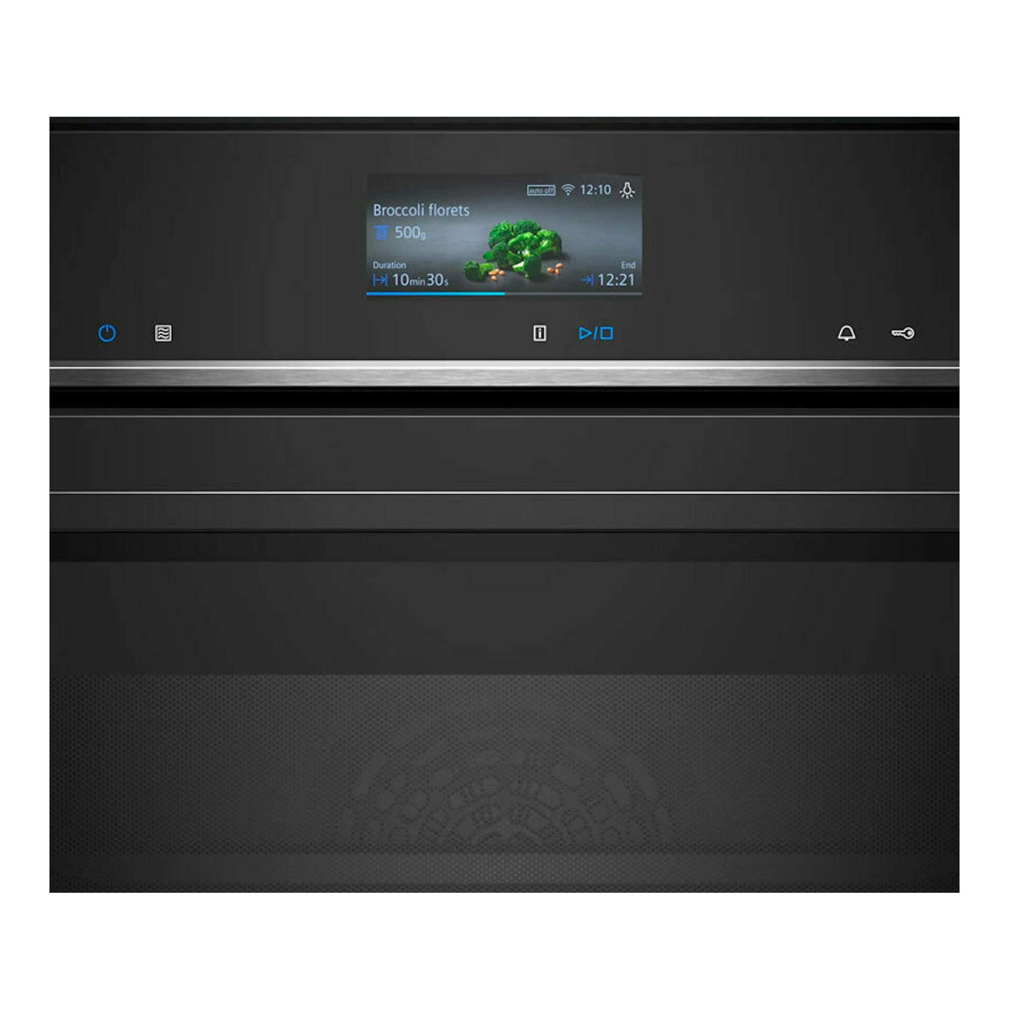 Vista frontal de horno Siemens HM736GAB1 negro, con pantalla táctil central mostrando un programa de brócoli.
