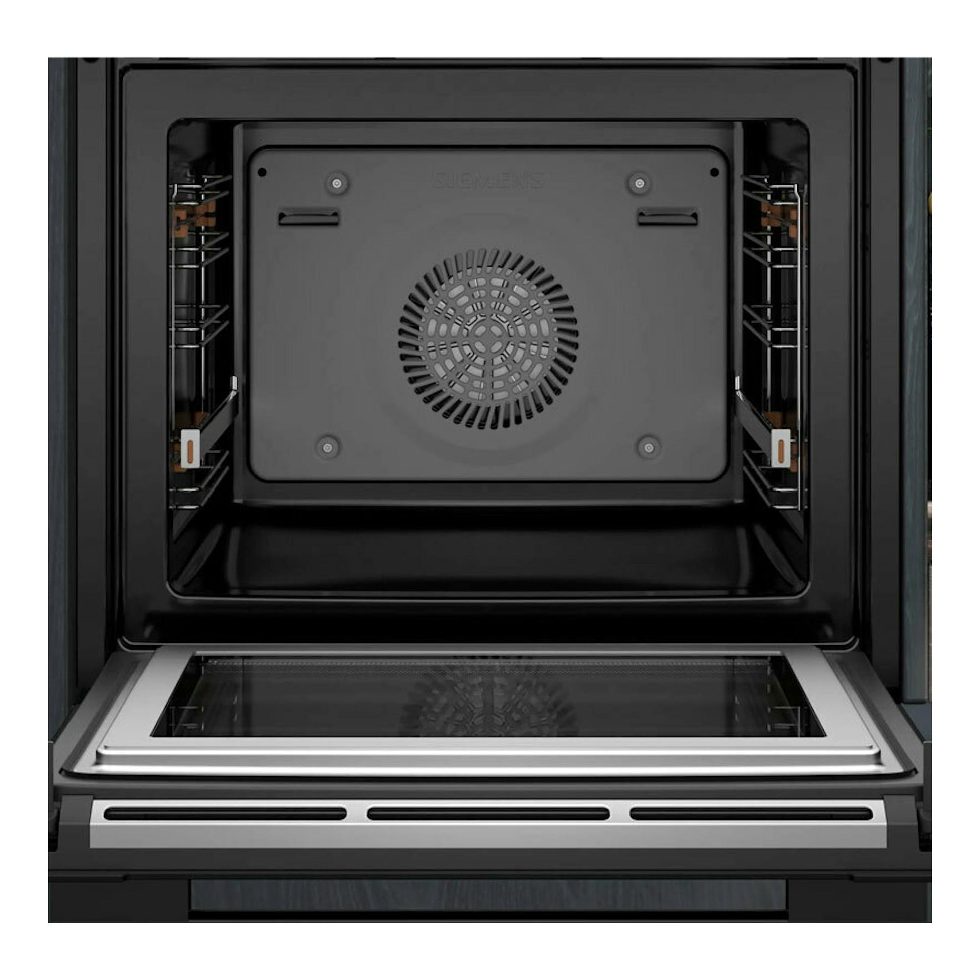 Horno Siemens HM736GAB1 negro, vista frontal del interior con puerta abatida y cavidad negra.