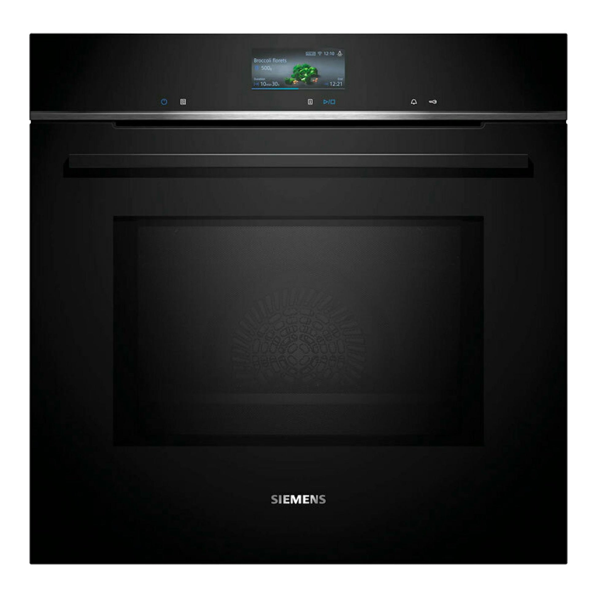 Horno Siemens HM776GKB1 negro, vista frontal con pantalla digital y puerta de cristal oscuro.