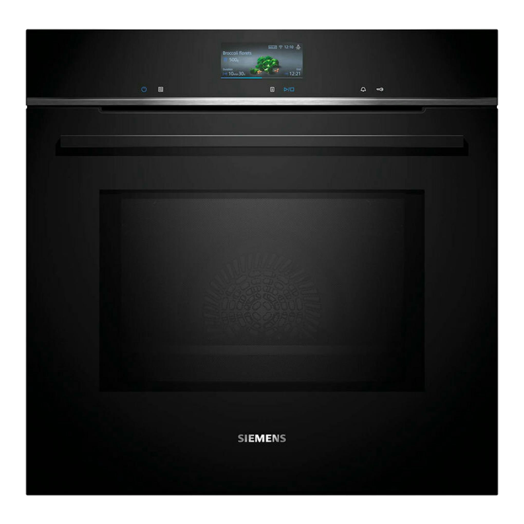 Horno Siemens HM776GKB1 negro, vista frontal con pantalla digital y puerta de cristal oscuro.