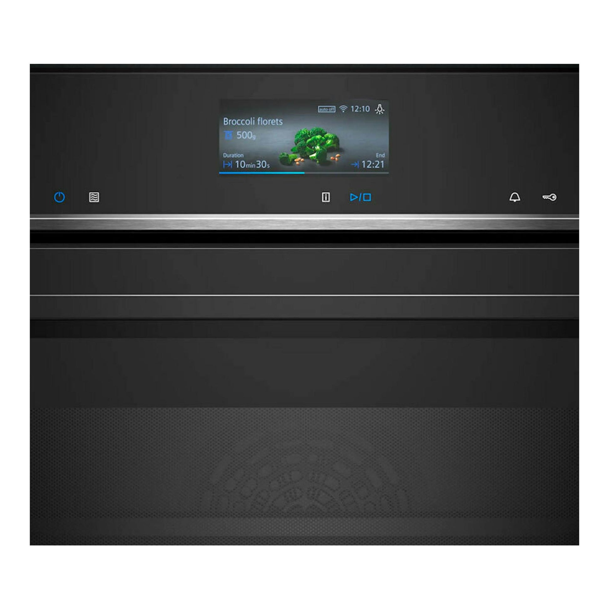 Horno Siemens HM776GKB1 negro, vista frontal, pantalla táctil encendida con menú de brócoli.