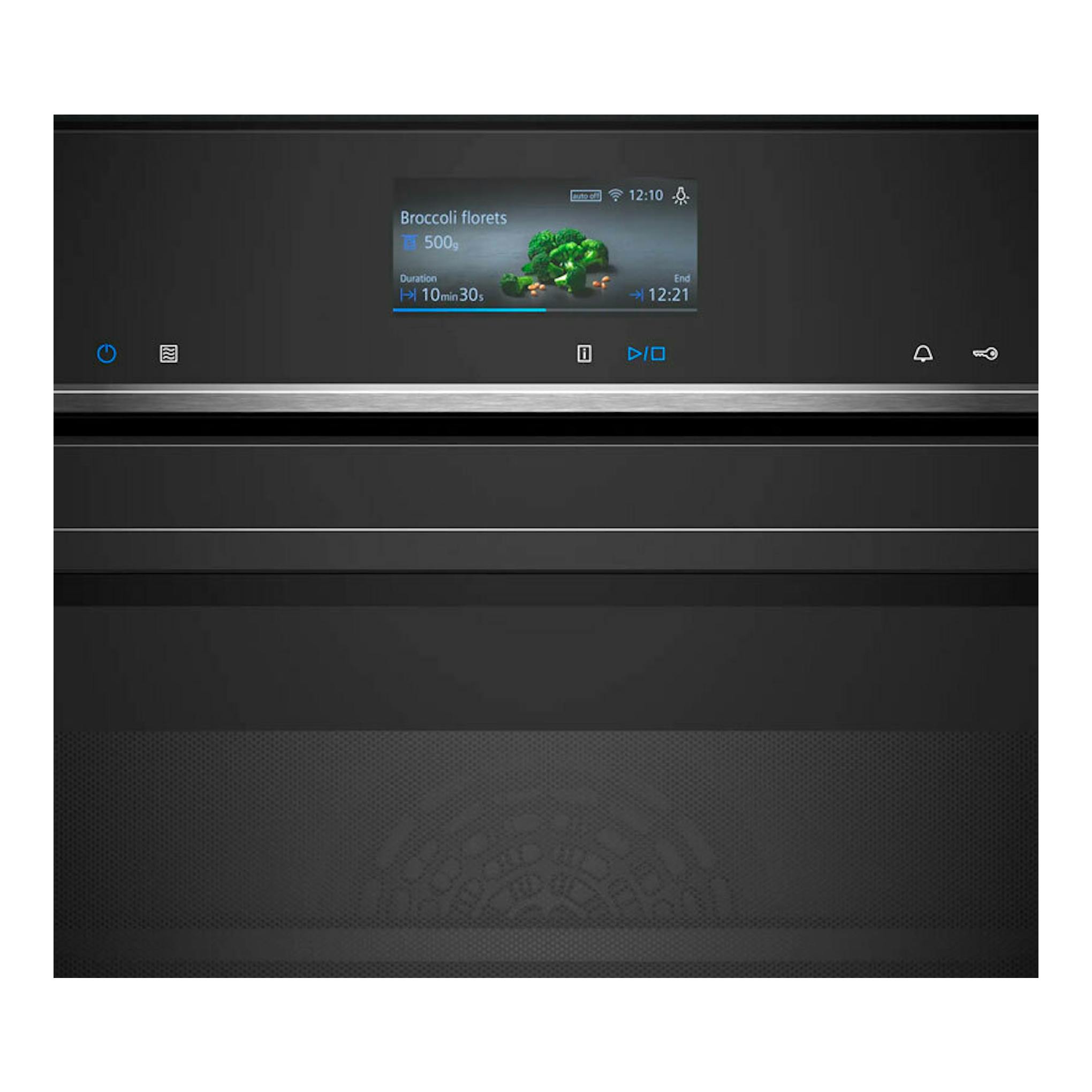 Horno Siemens HM776GKB1 negro, vista frontal, pantalla táctil encendida con menú de brócoli.