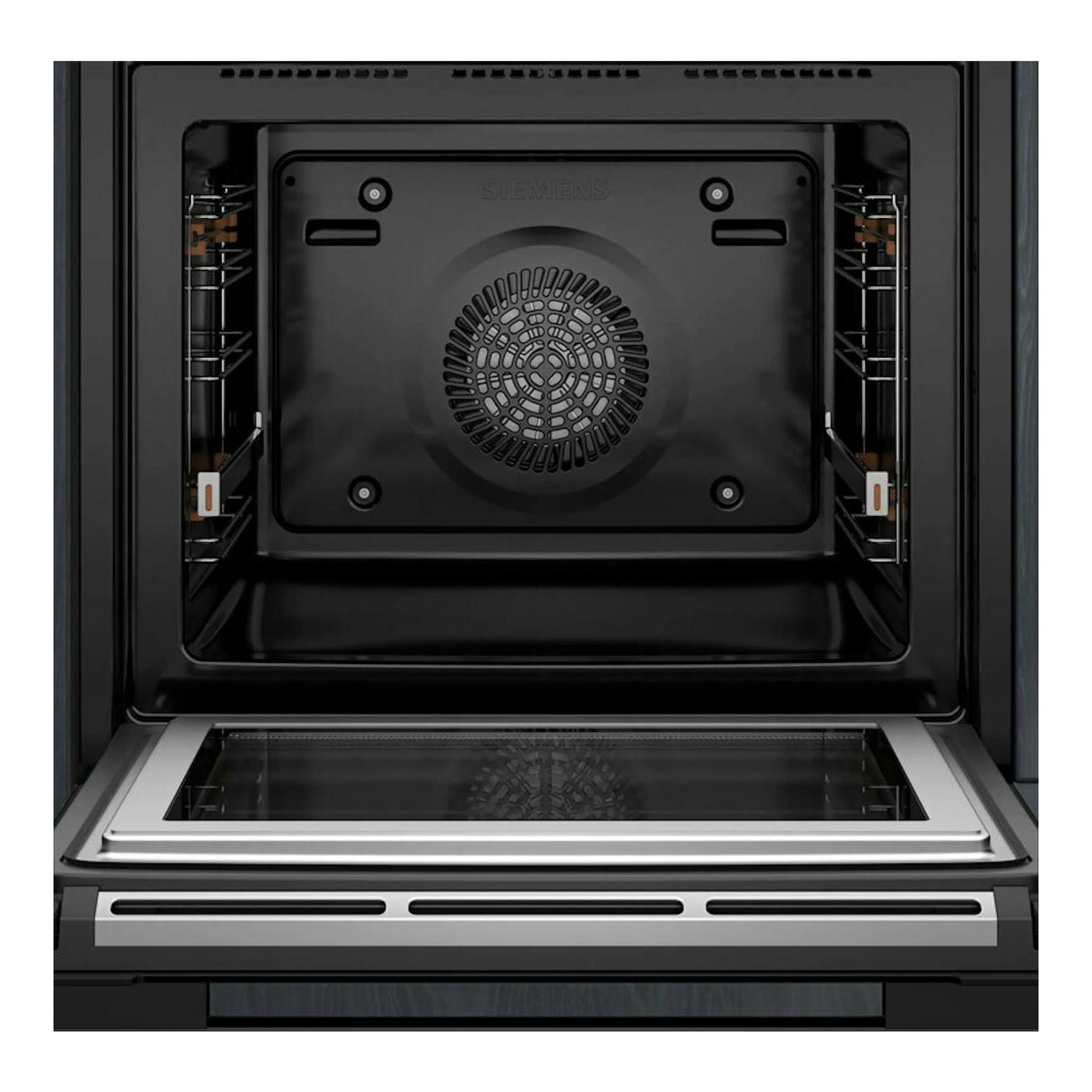 Interior de horno Siemens HM776GKB1 negro, vista frontal con la puerta abatible abierta.