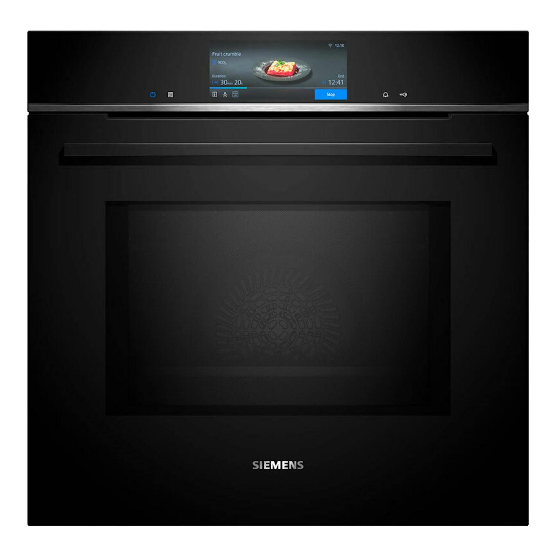 Horno empotrable Siemens HM778GMB1 negro, vista frontal con panel táctil y pantalla superior.