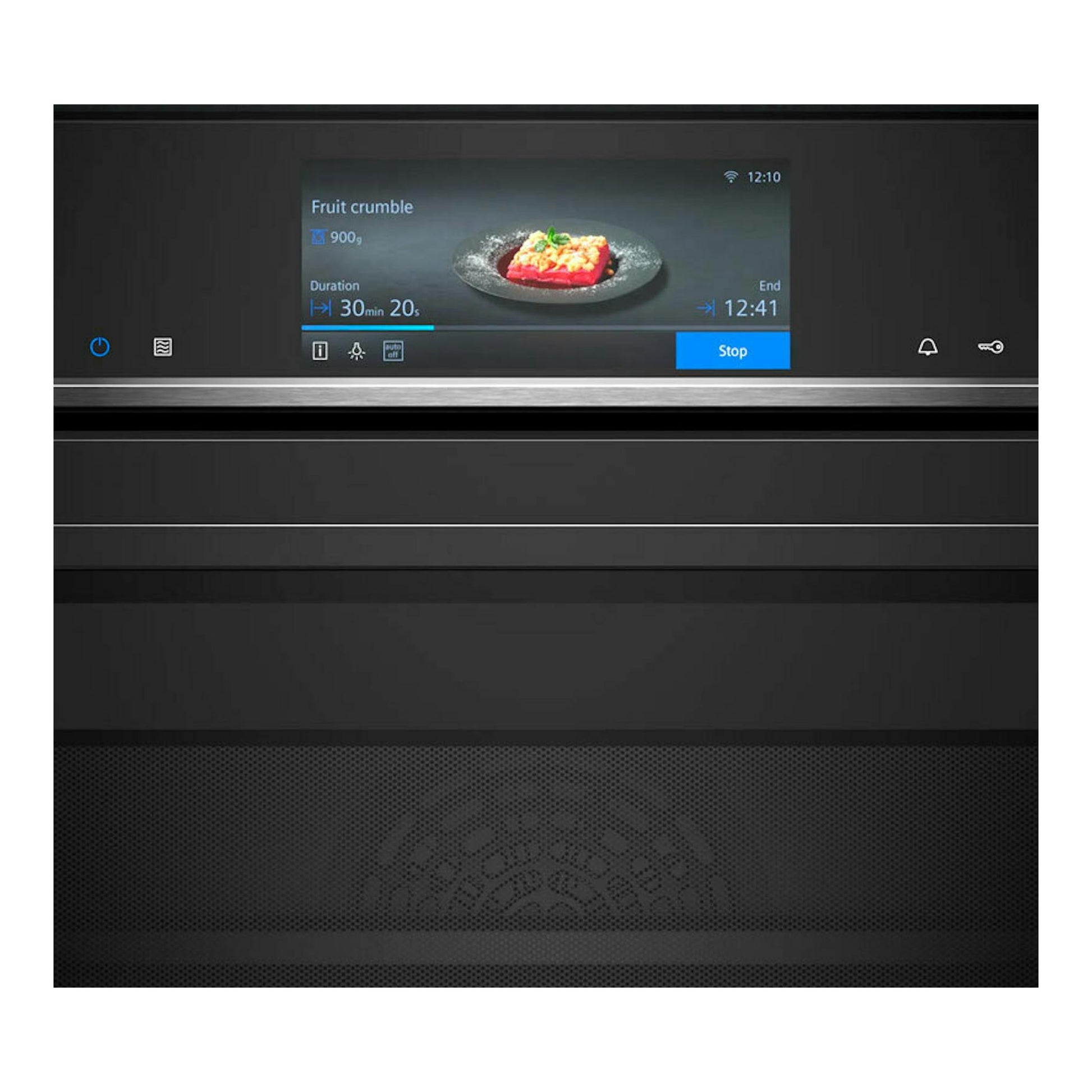 Horno empotrado Siemens HM778GMB1 negro, frontal con pantalla táctil y cocción de postre en curso.