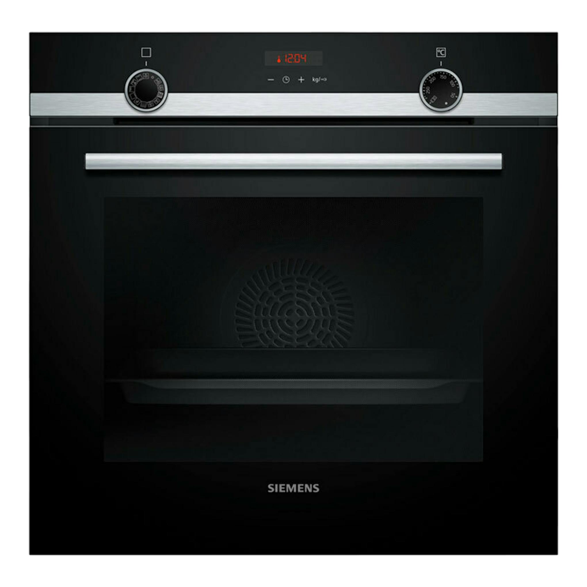 Horno Siemens HQ574AER3 inox, vista frontal, puerta negra con panel superior inox y mandos analógicos.