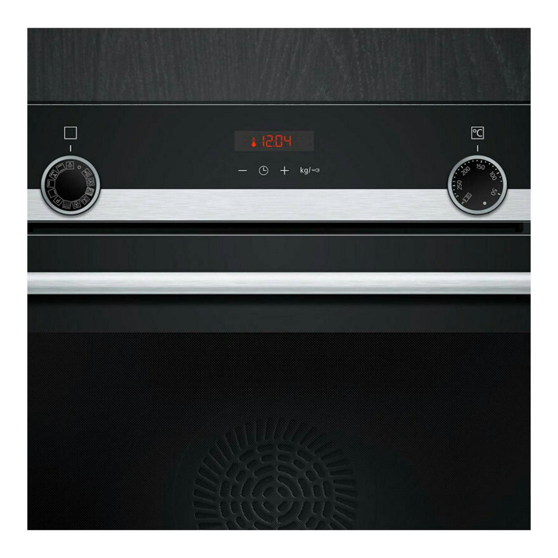 Horno Siemens HQ574AER3 inox, vista frontal, panel negro con dos mandos y display digital.