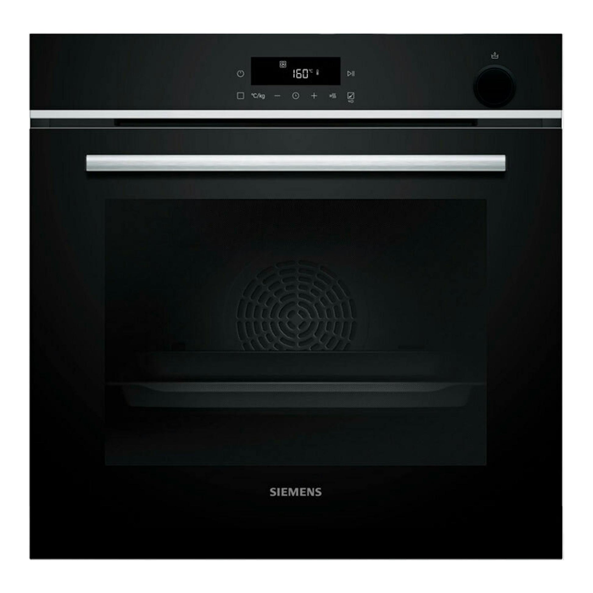 Horno Siemens HR532GBS3 negro con panel digital, mando lateral y puerta de cristal, vista frontal.