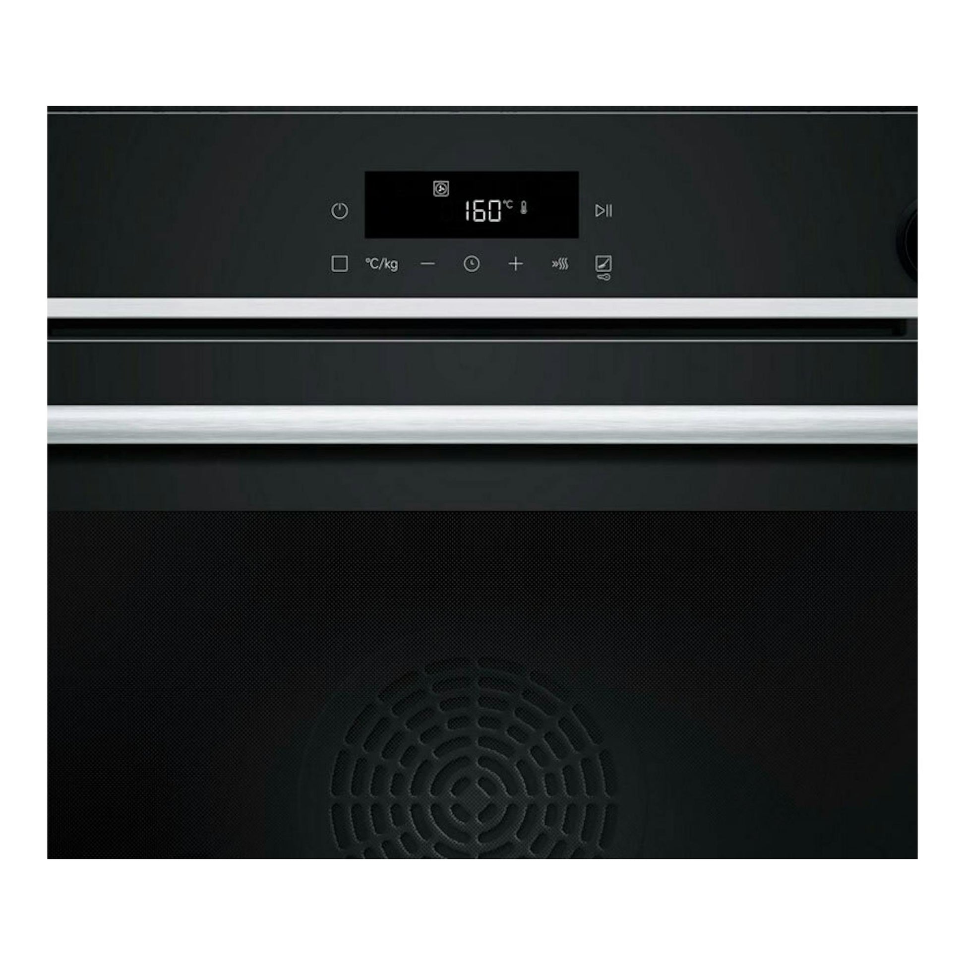 Horno Siemens HR532GBS3 inox, vista frontal del panel digital negro con display a 160 °C y puerta.