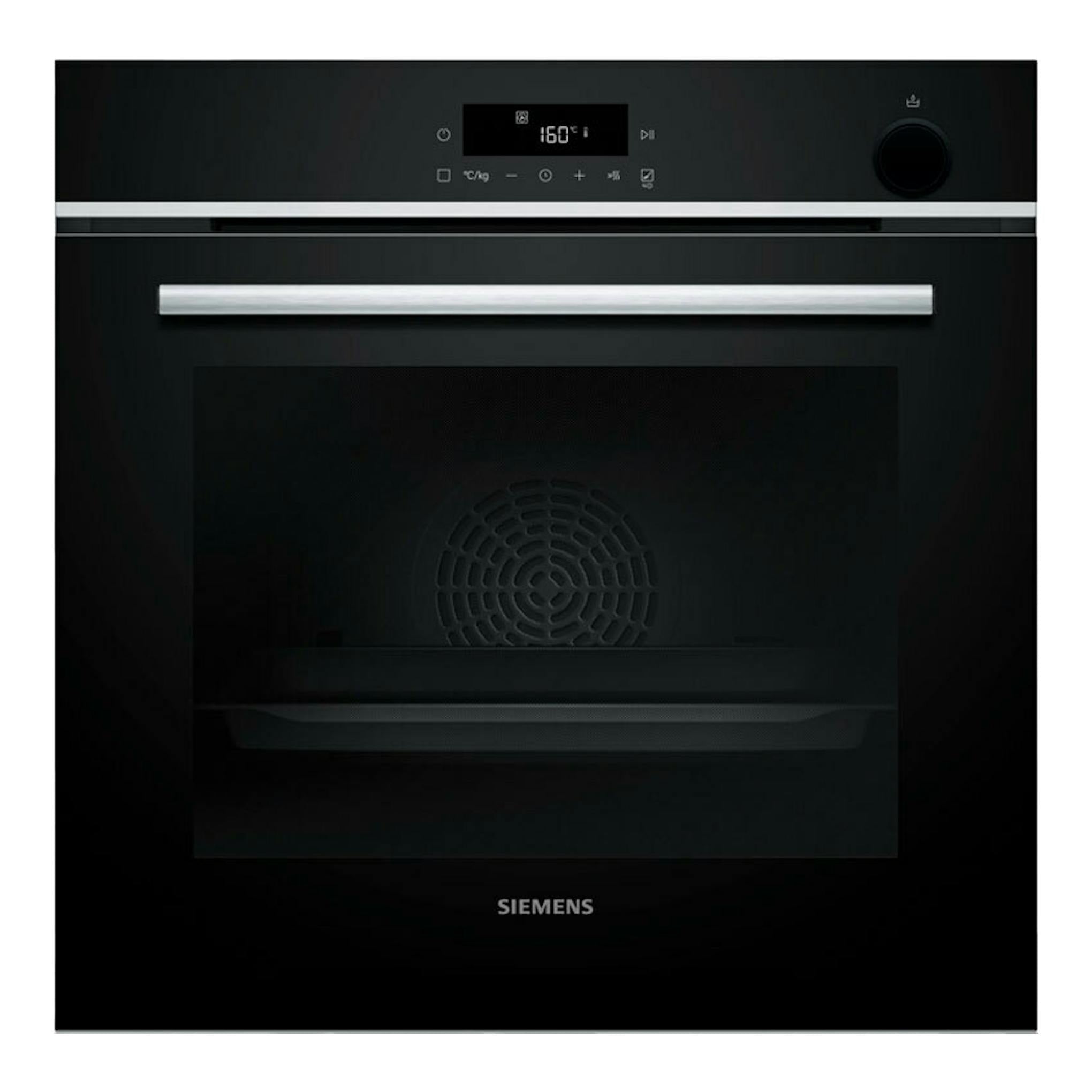 Horno empotrable Siemens HR572GBS3, vista frontal, negro con franja inox y panel digital.
