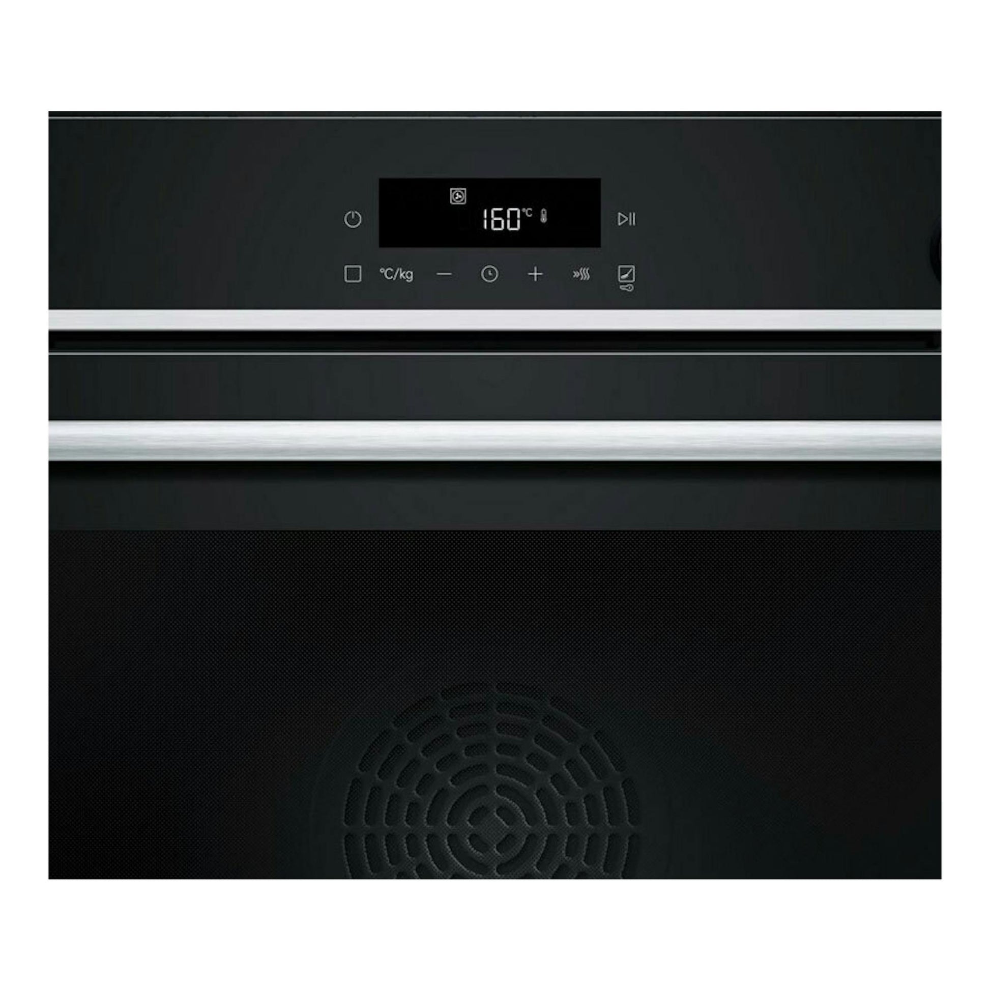 Horno Siemens HR572GBS3 Inox, vista frontal en negro con panel digital y tira frontal de acero inoxidable.