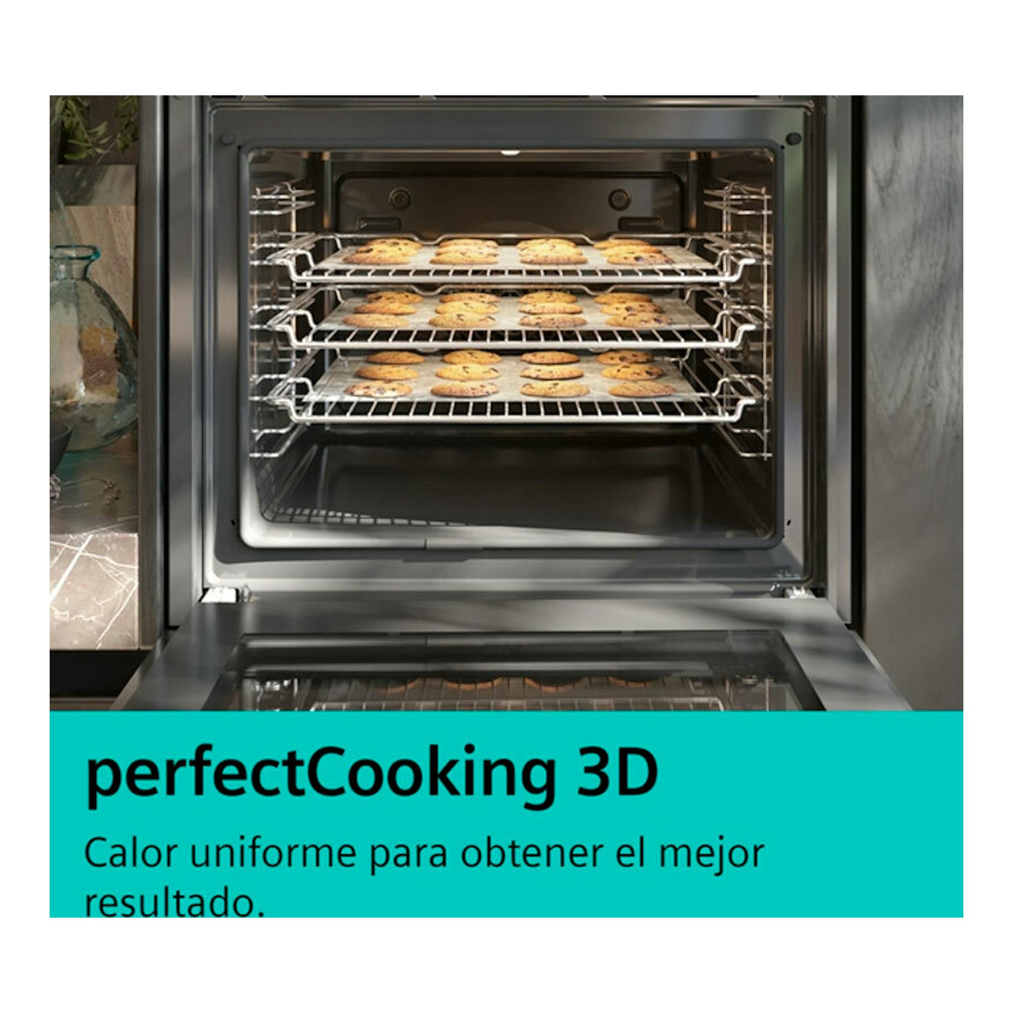 Siemens HR572GBS3 inox, horno empotrado en vista frontal abierta con bandejas de galletas y tres niveles.