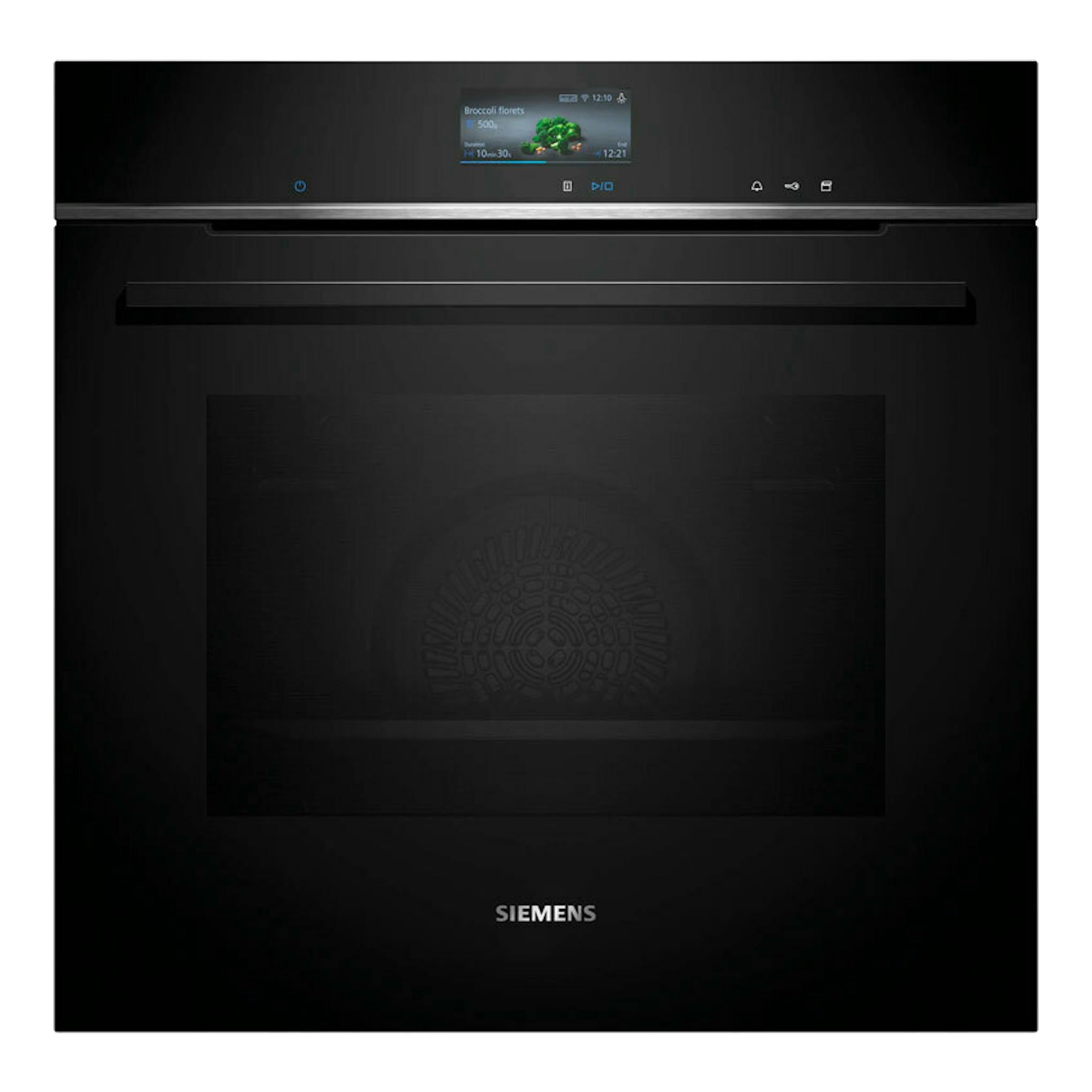 Horno empotrable Siemens HR736G1B1 negro, vista frontal, con pantalla táctil superior.
