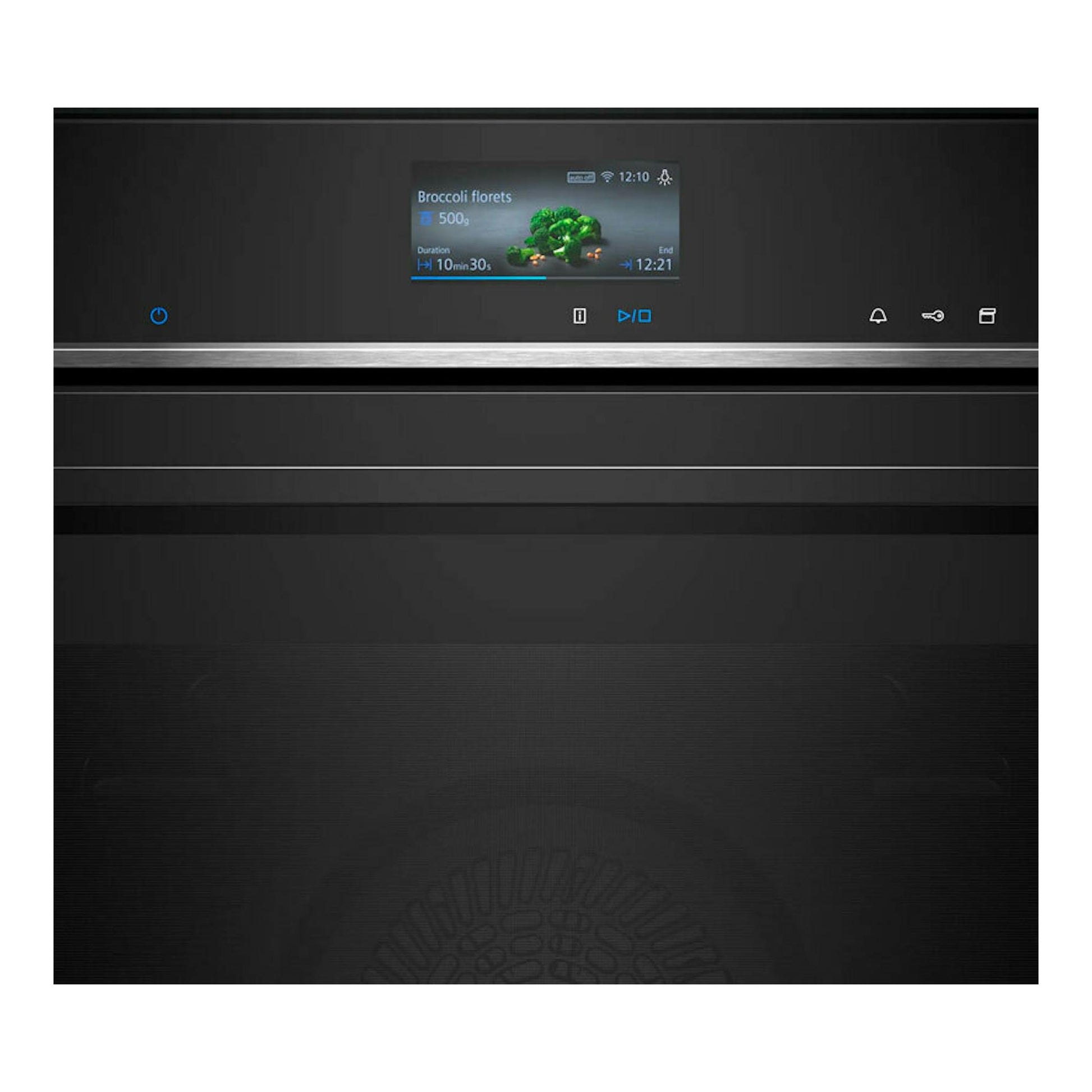 Horno Siemens HR736G1B1 negro, vista frontal con panel táctil y pantalla central iluminada.