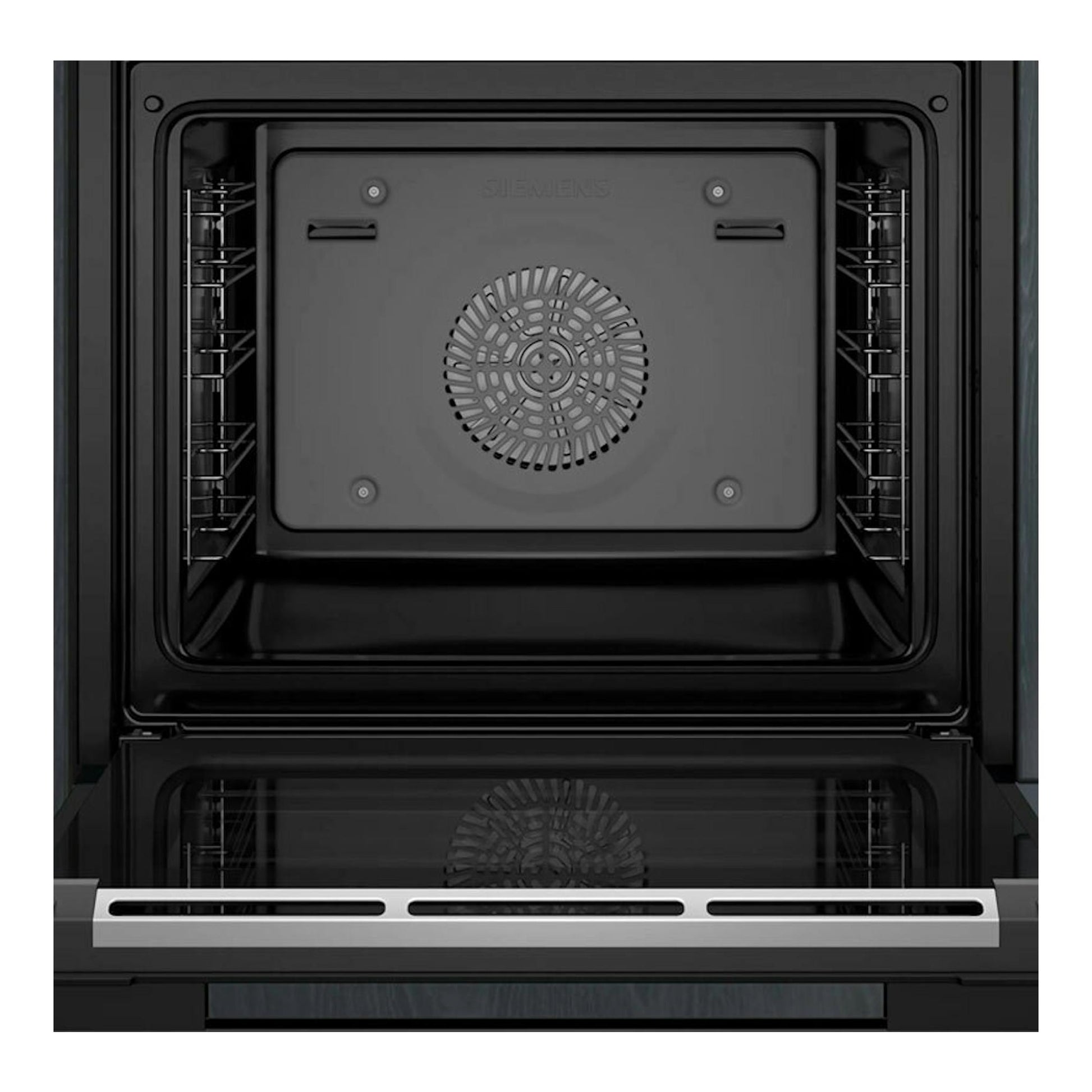 Horno Siemens HR736G1B1 negro, vista frontal con la puerta abierta e interior con ventilador central.
