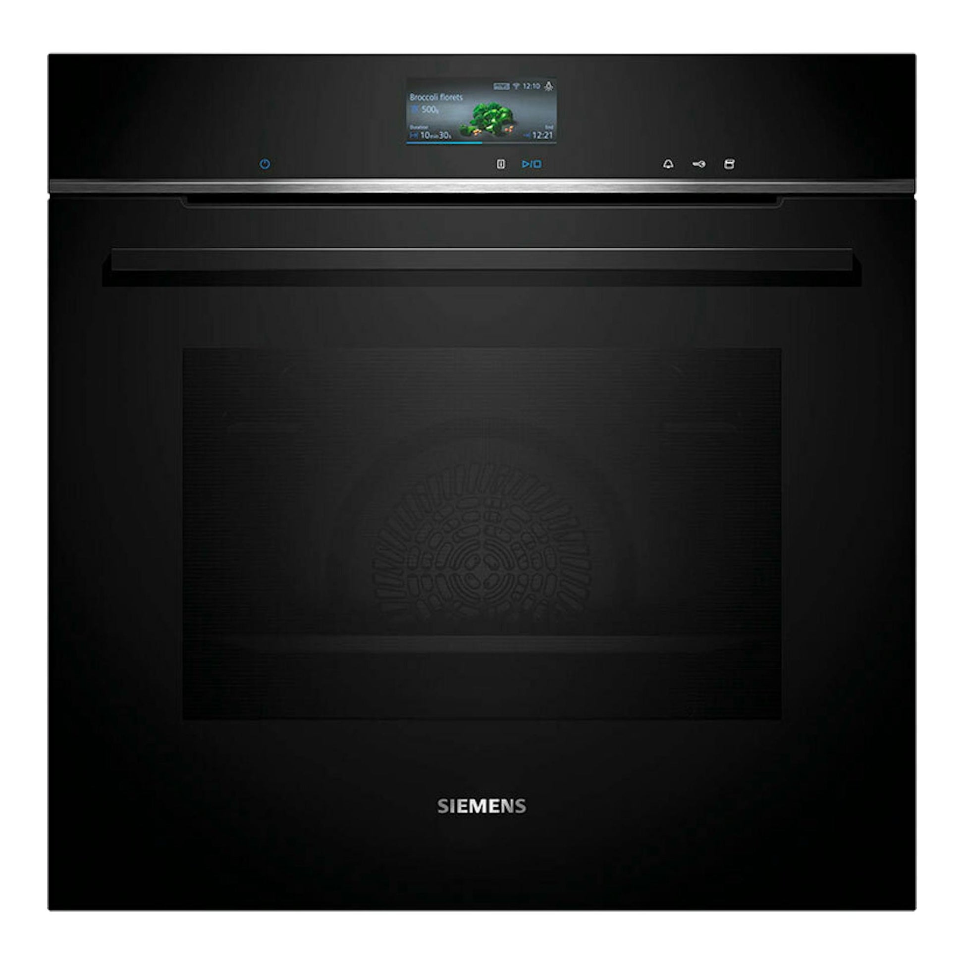 Horno empotrable Siemens HR776G1B1 negro, vista frontal, con pantalla táctil superior.