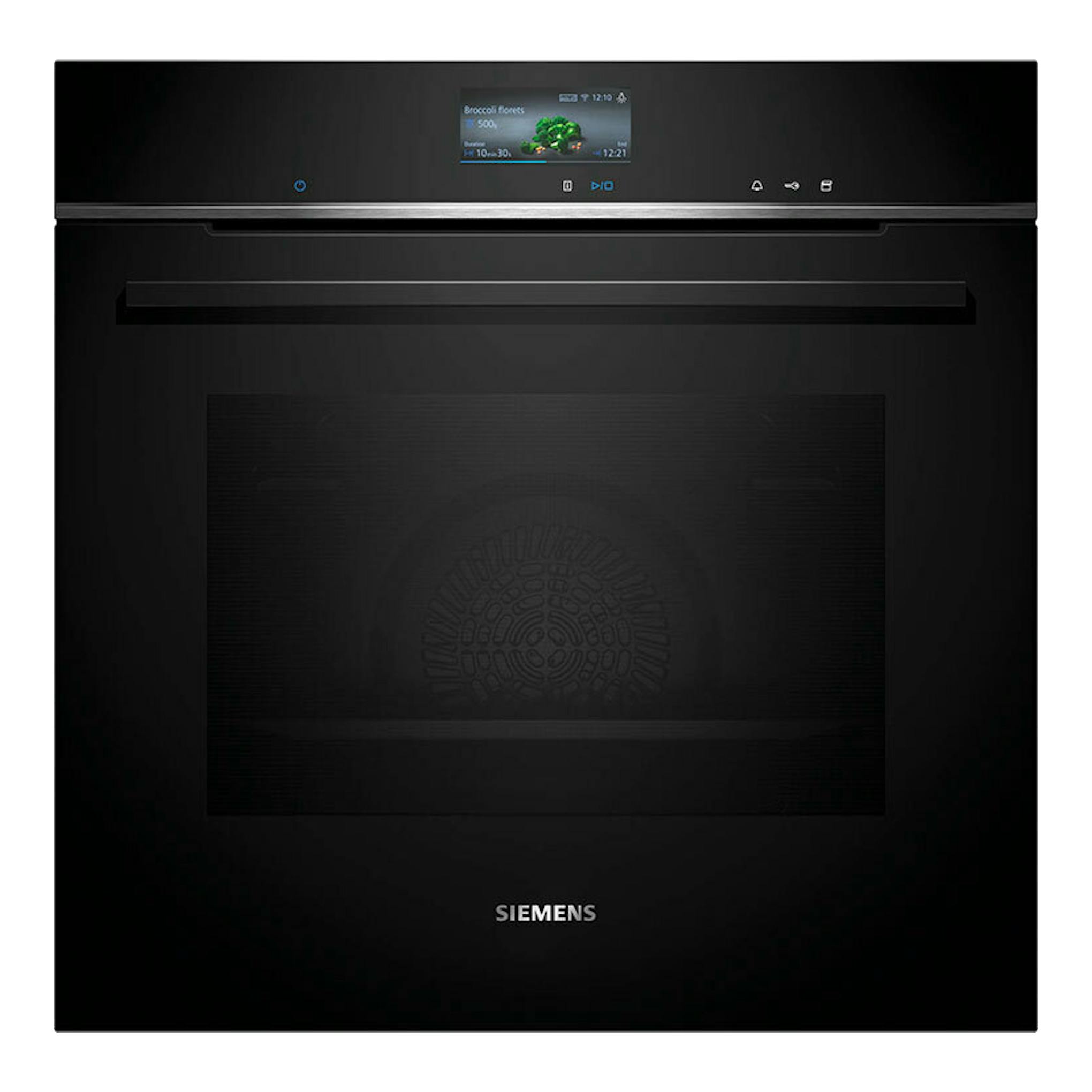 Horno empotrable Siemens HR776G1B1 negro, vista frontal, con pantalla táctil superior.