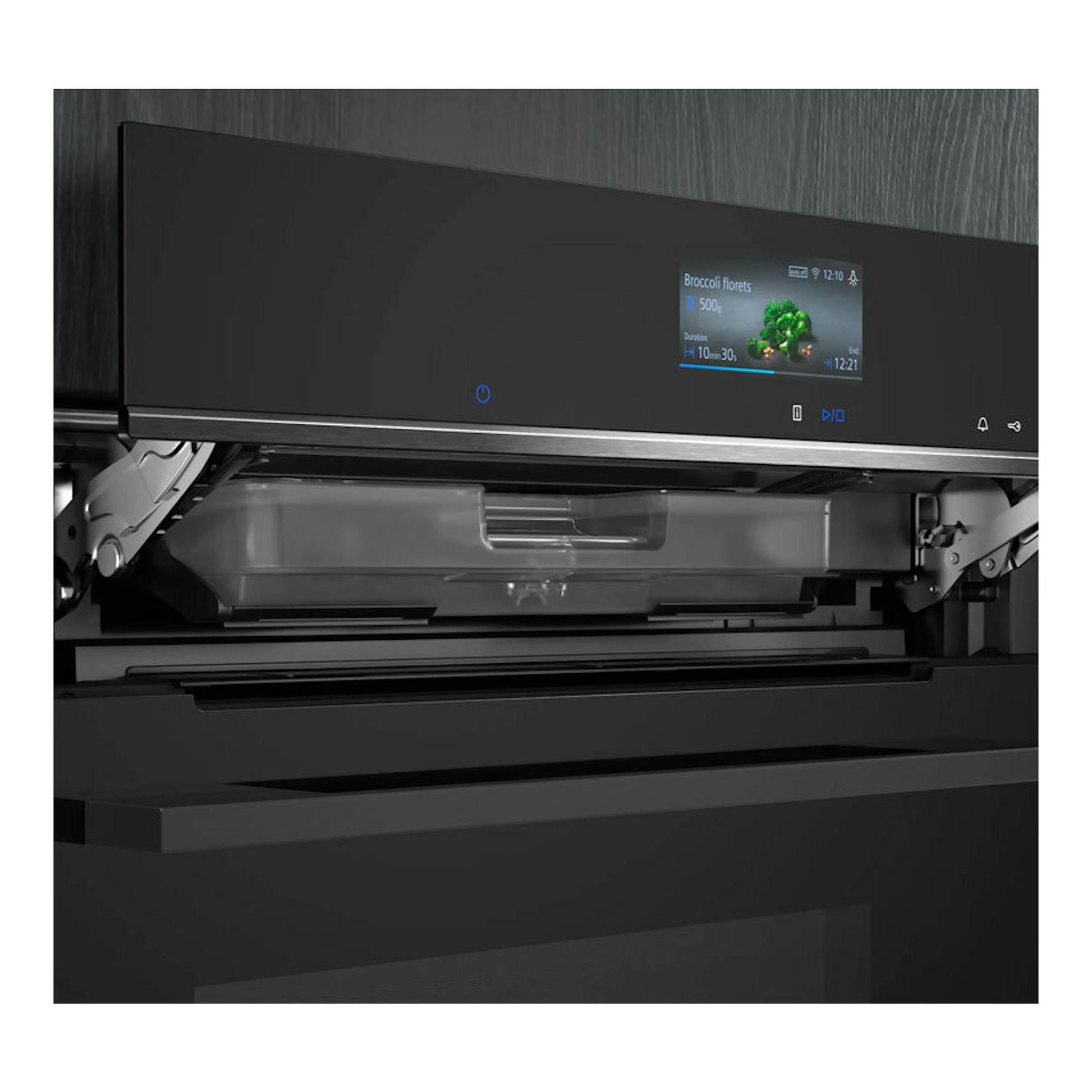 Horno Siemens HR776G1B1 negro, vista frontal con puerta abatible abierta y pantalla táctil encendida.