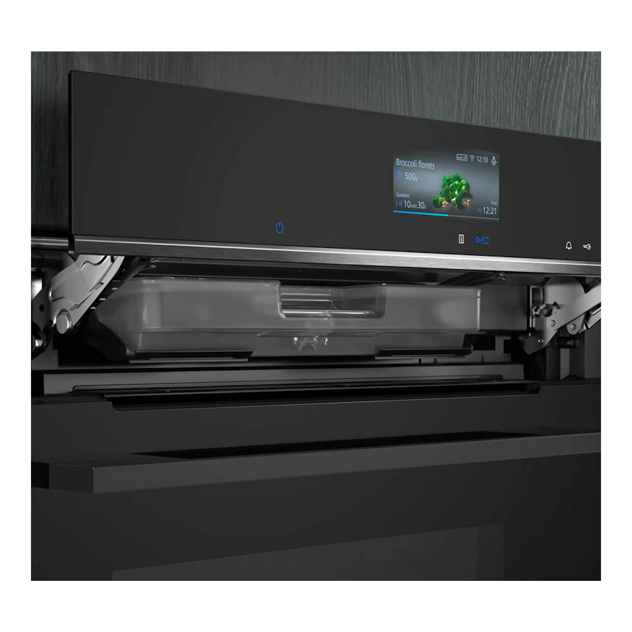 Horno Siemens HR776G1B1 negro, vista frontal con puerta abatible abierta y pantalla táctil encendida.