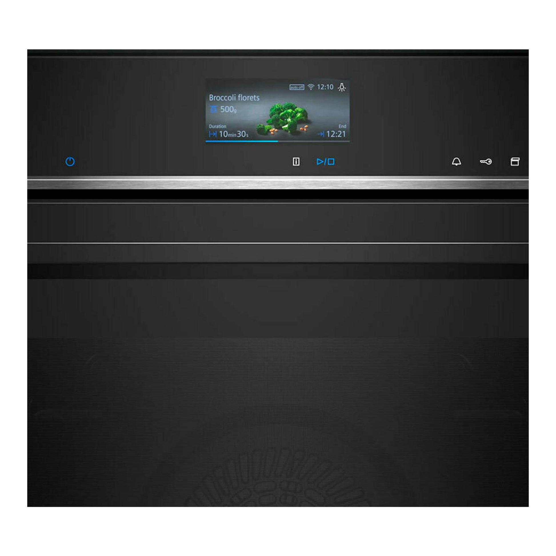 Horno Siemens HR776G1B1 negro, vista frontal, con pantalla táctil central iluminada.