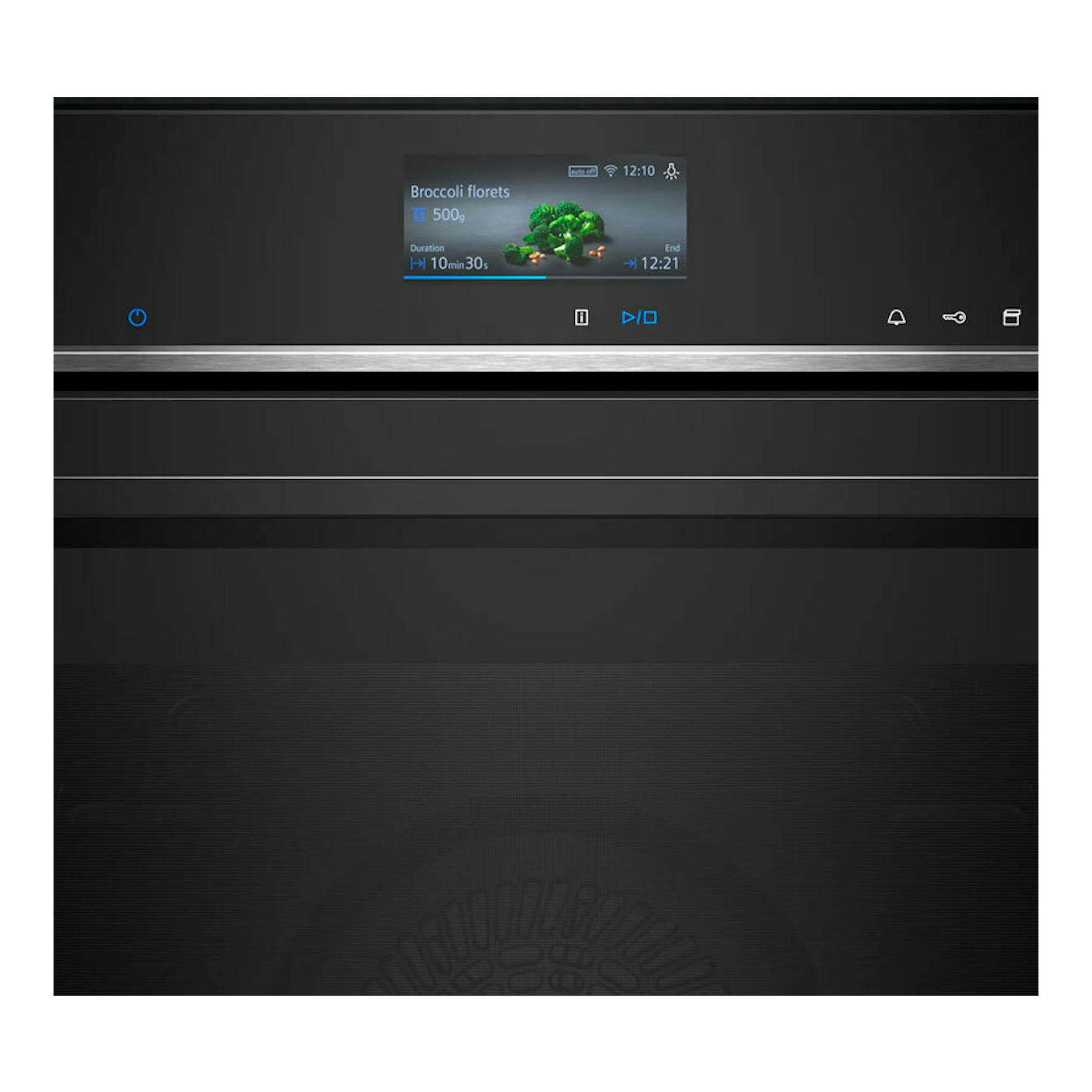 Horno Siemens HR776G1B1 negro, vista frontal, con pantalla táctil central iluminada.