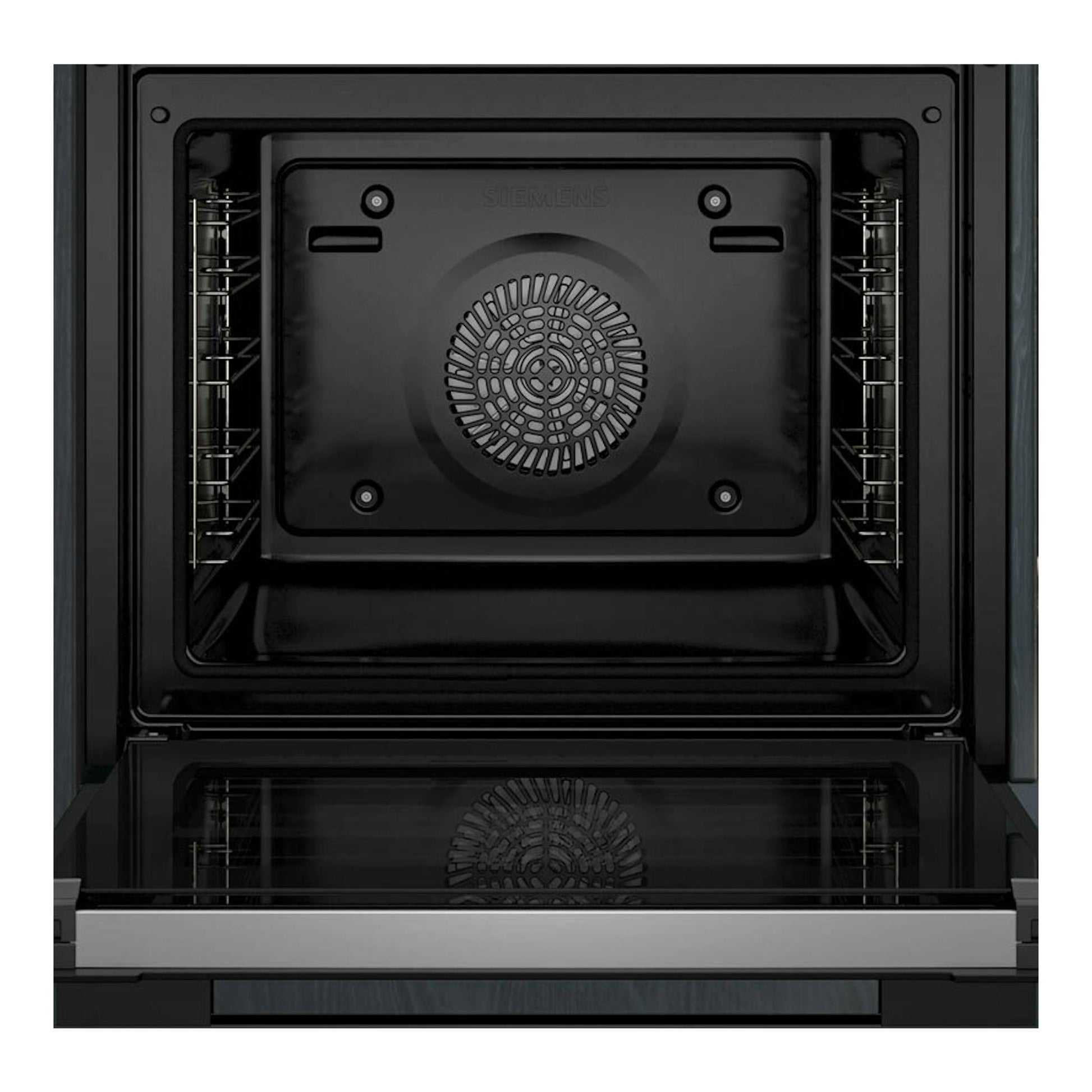 Horno Siemens HR776G1B1 negro, vista frontal interior con puerta abatible abierta y ventilador trasero.