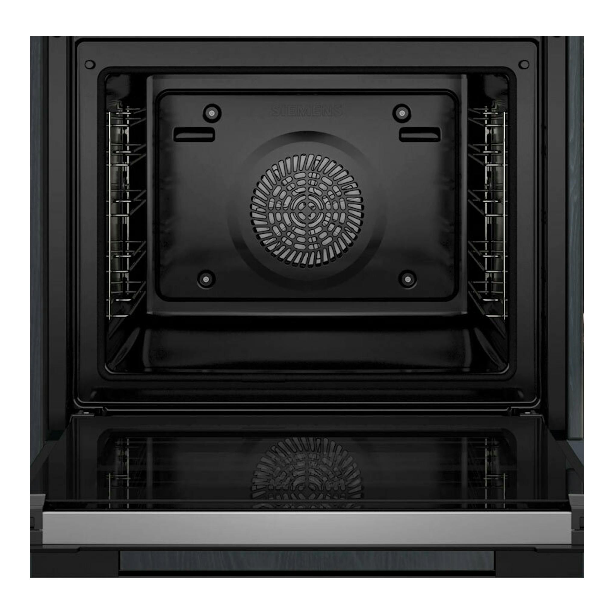 Horno Siemens HR776G1B1 negro, vista frontal interior con puerta abatible abierta y ventilador trasero.