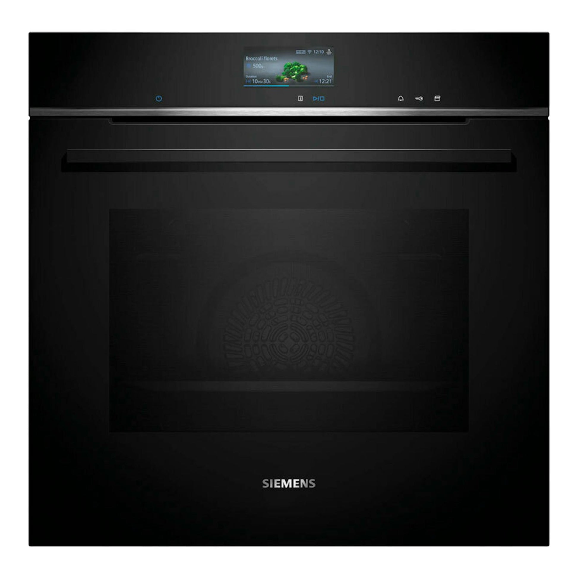 Horno Siemens HS736G3B1 negro, vista frontal, con panel táctil y pantalla digital superior.