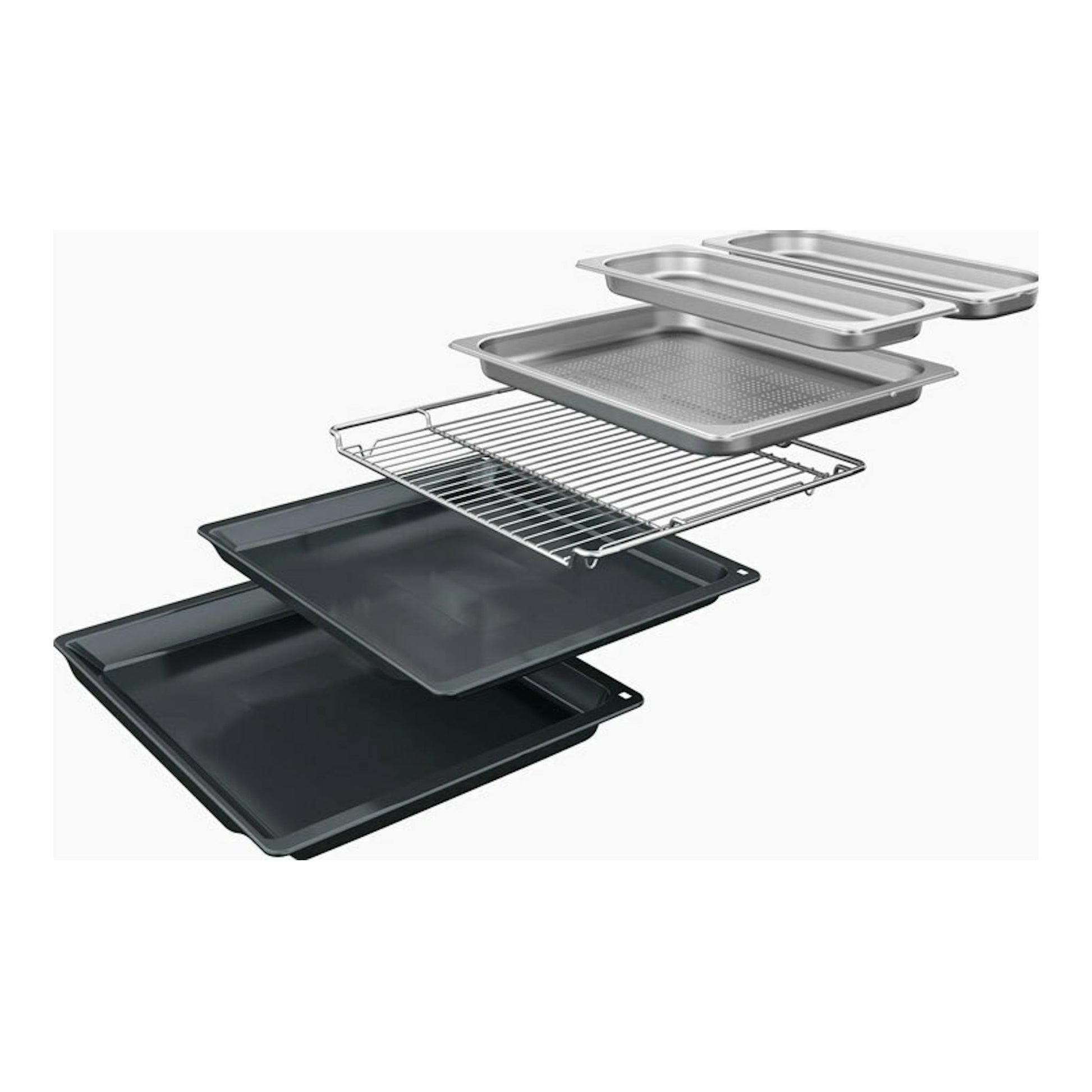 Siemens HS736G3B1 negro, vista explotada de bandejas, rejilla y accesorios de horno sobre fondo blanco.