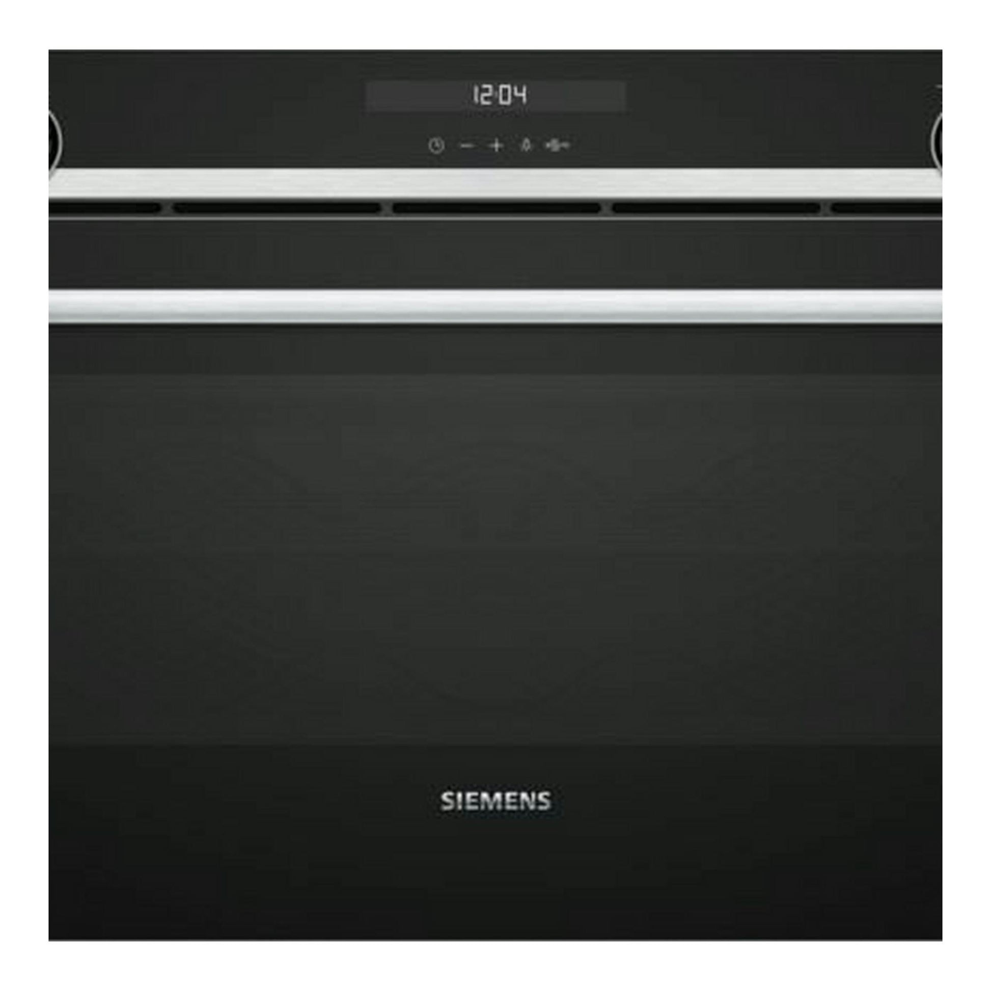 Horno Siemens VB558C0S0 negro, vista frontal, con reloj digital y puerta de cristal oscura.