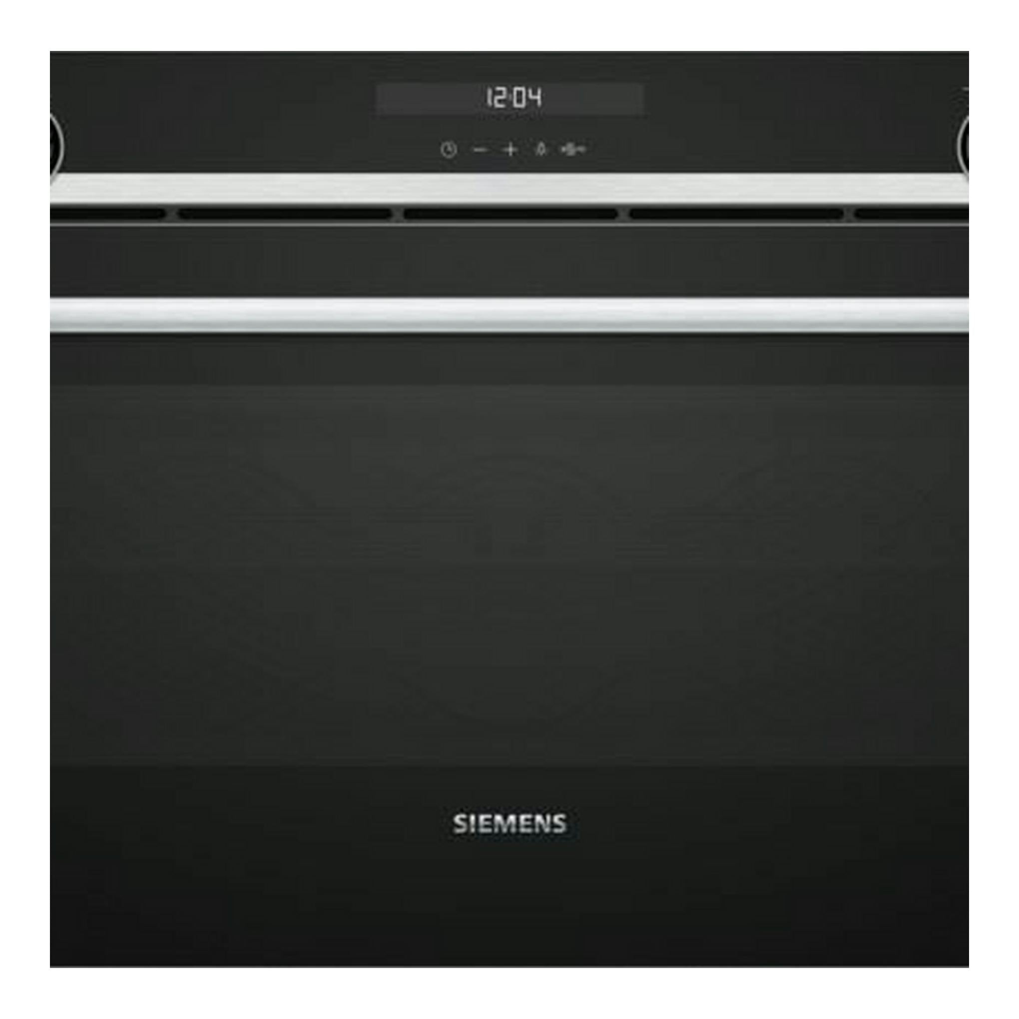 Horno Siemens VB558C0S0 negro, vista frontal, con reloj digital y puerta de cristal oscura.