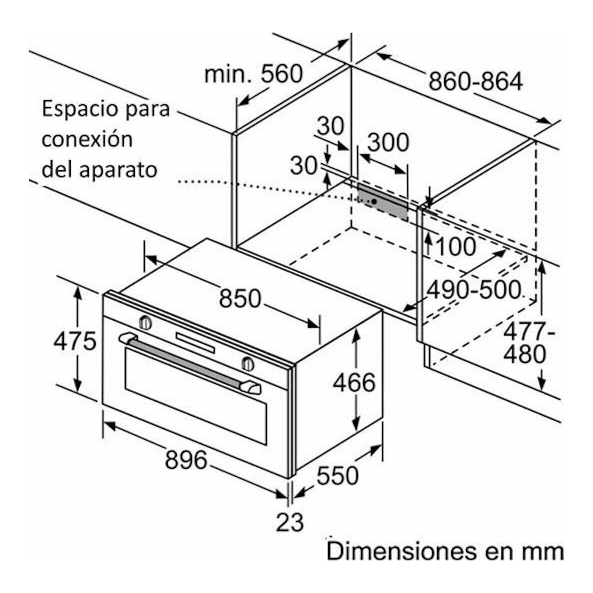 Esquema técnico de horno Siemens VB558C0S0 negro empotrado, vista isométrica con medidas en mm.