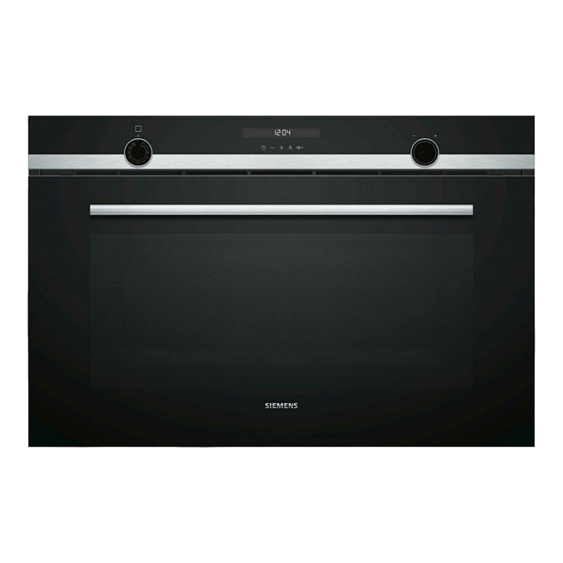 Horno Siemens VB578D0S0 de cristal negro, vista frontal, con pantalla y dos mandos.