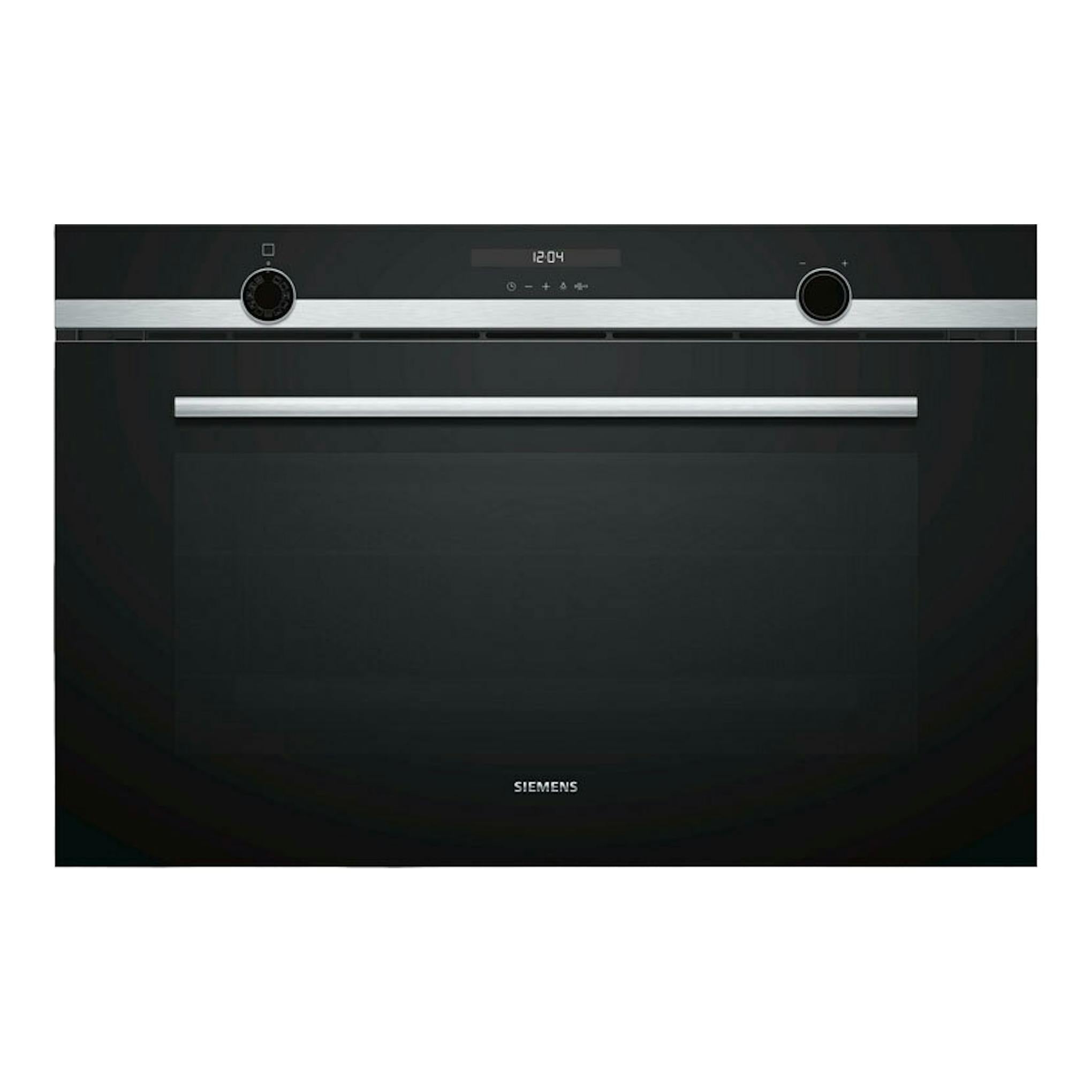 Horno Siemens VB578D0S0 de cristal negro, vista frontal, con pantalla y dos mandos.