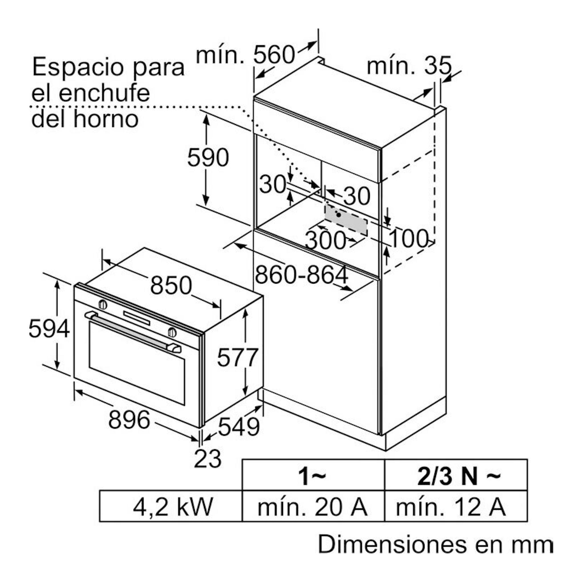 Esquema de instalación del horno Siemens VB578D0S0 en cristal negro, con medidas en mm.