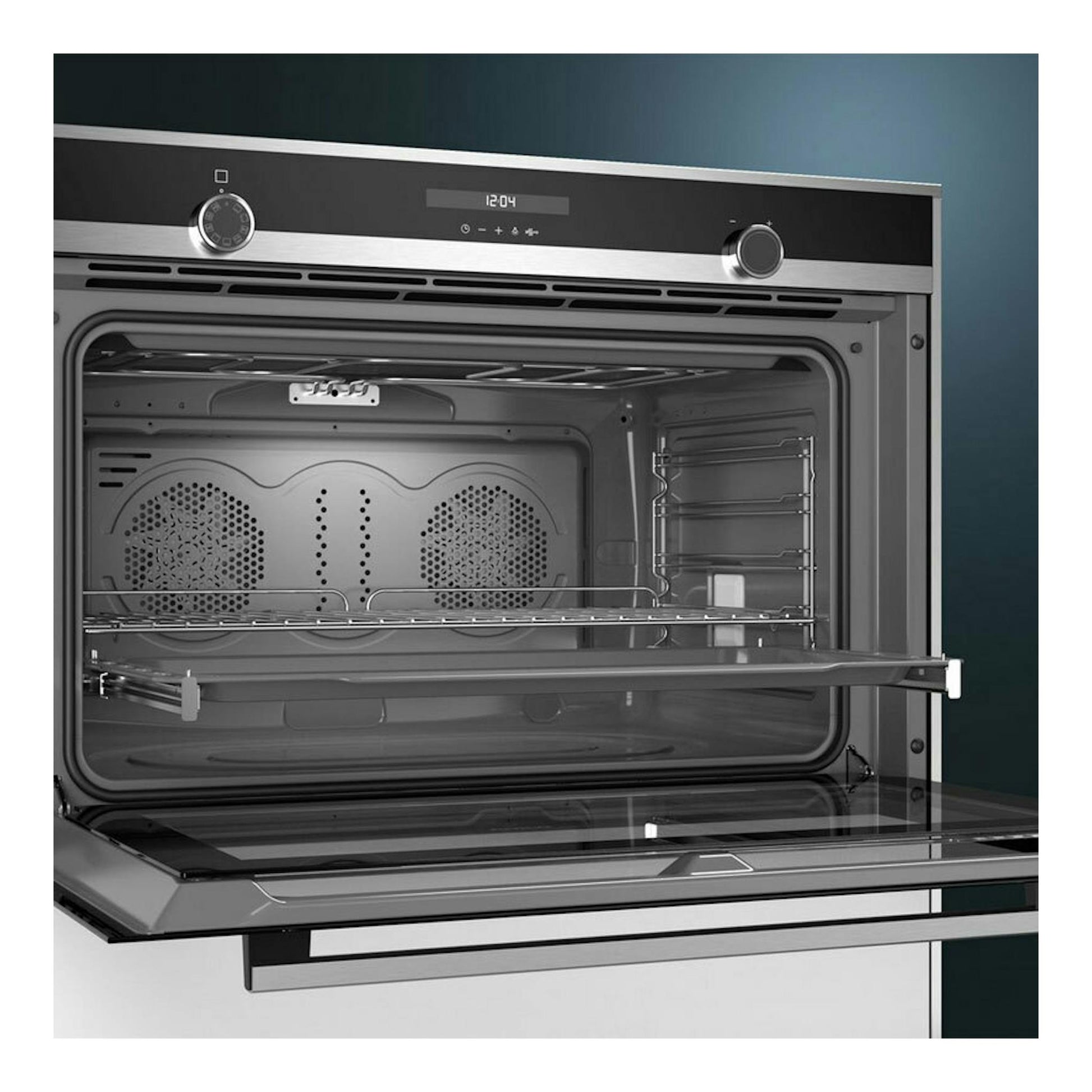 Horno Siemens VB578D0S0 de cristal negro y acero inoxidable, visto de frente con la puerta abierta.