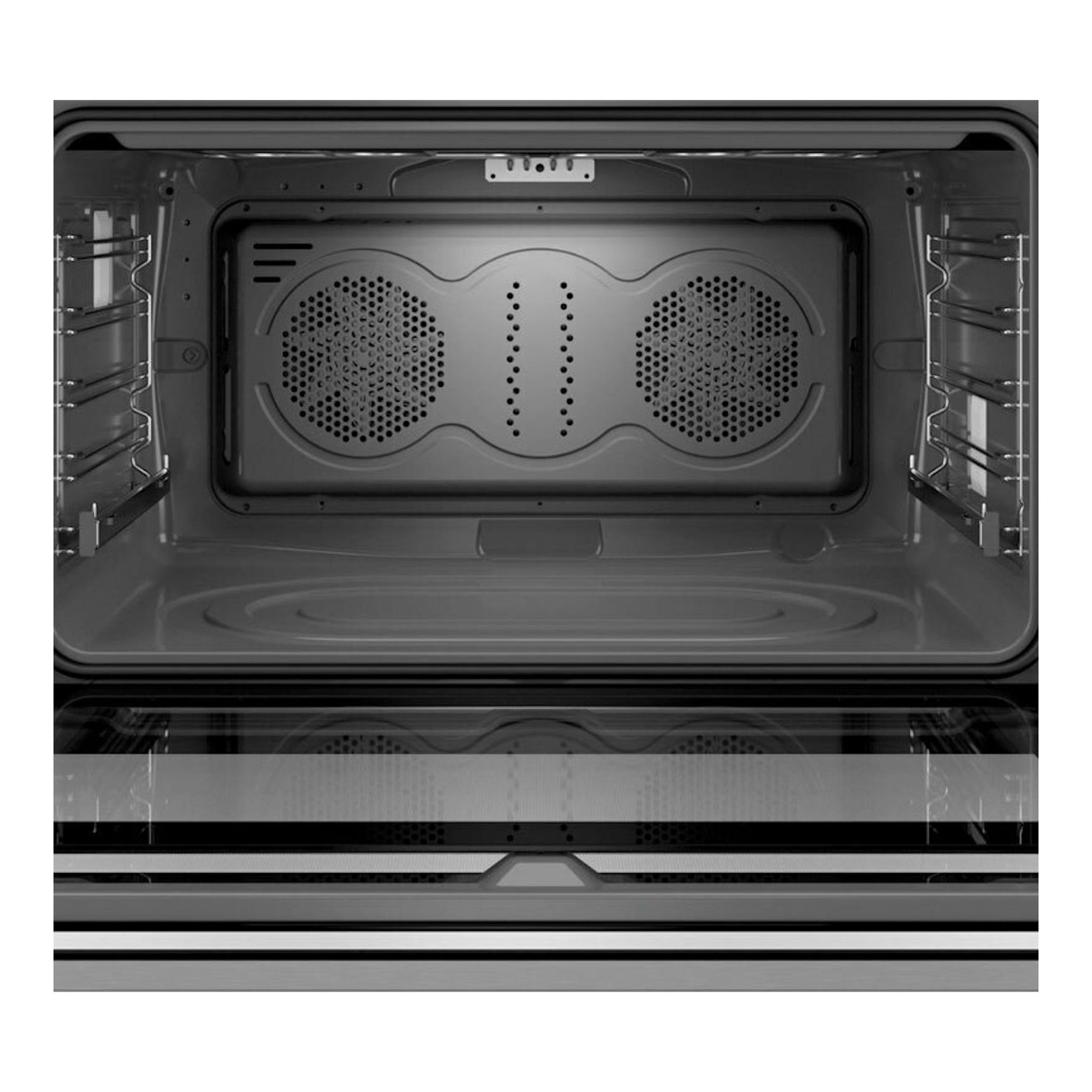 Interior de horno Siemens VB578D0S0 en vista frontal, con cavidad negra y paneles perforados.